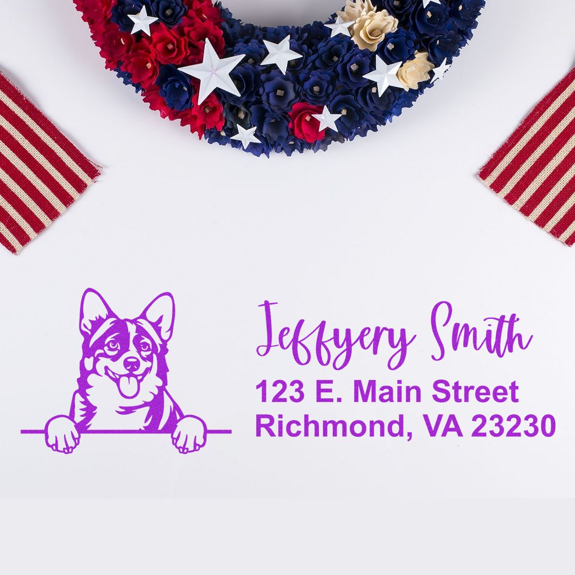 Personalized return address rubber stamp with corgi logo, Jeffery Smith, 123 E. Main Street, Richmond, VA.