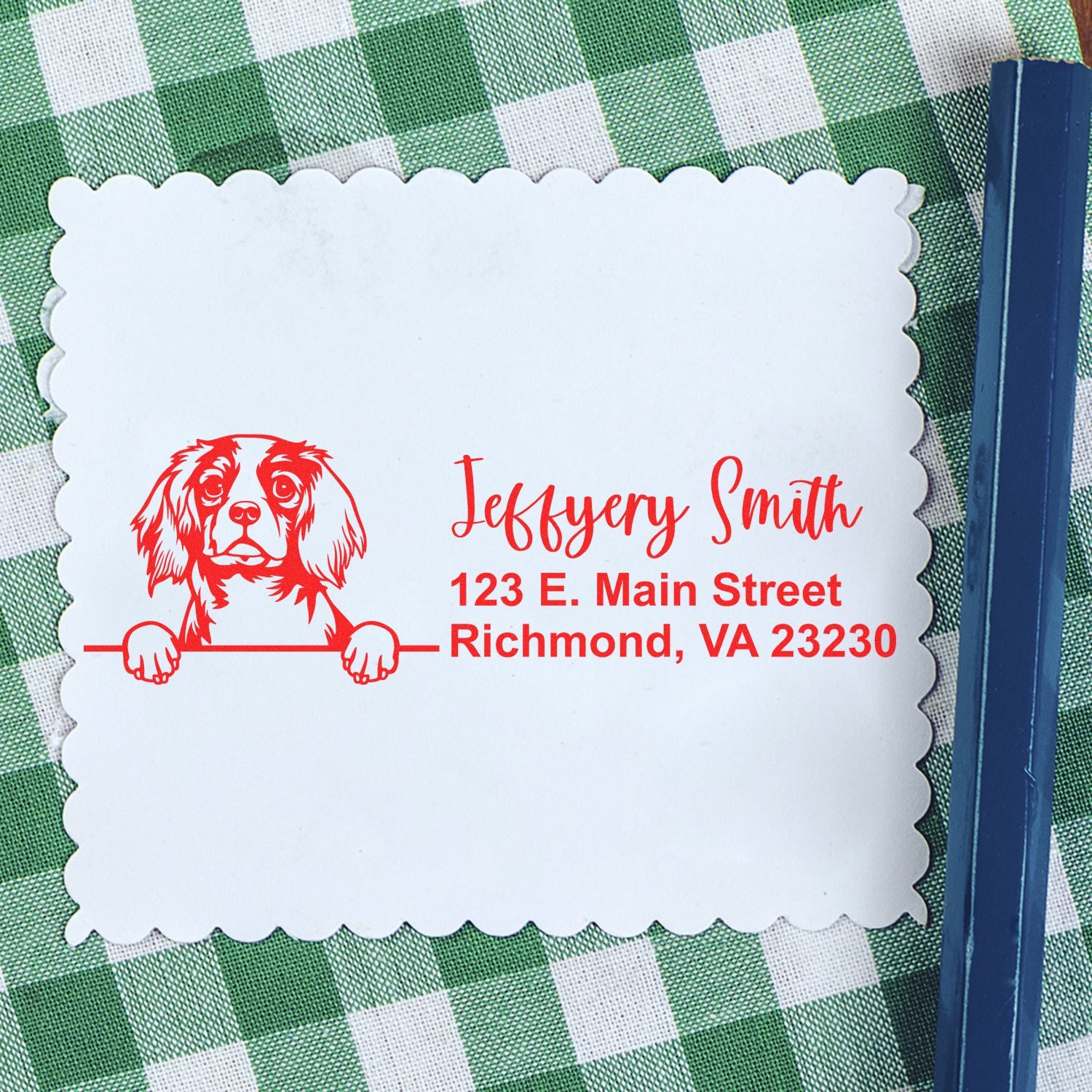 Personalized dog address rubber stamp with custom name, pet illustration, and Richmond, VA return address.