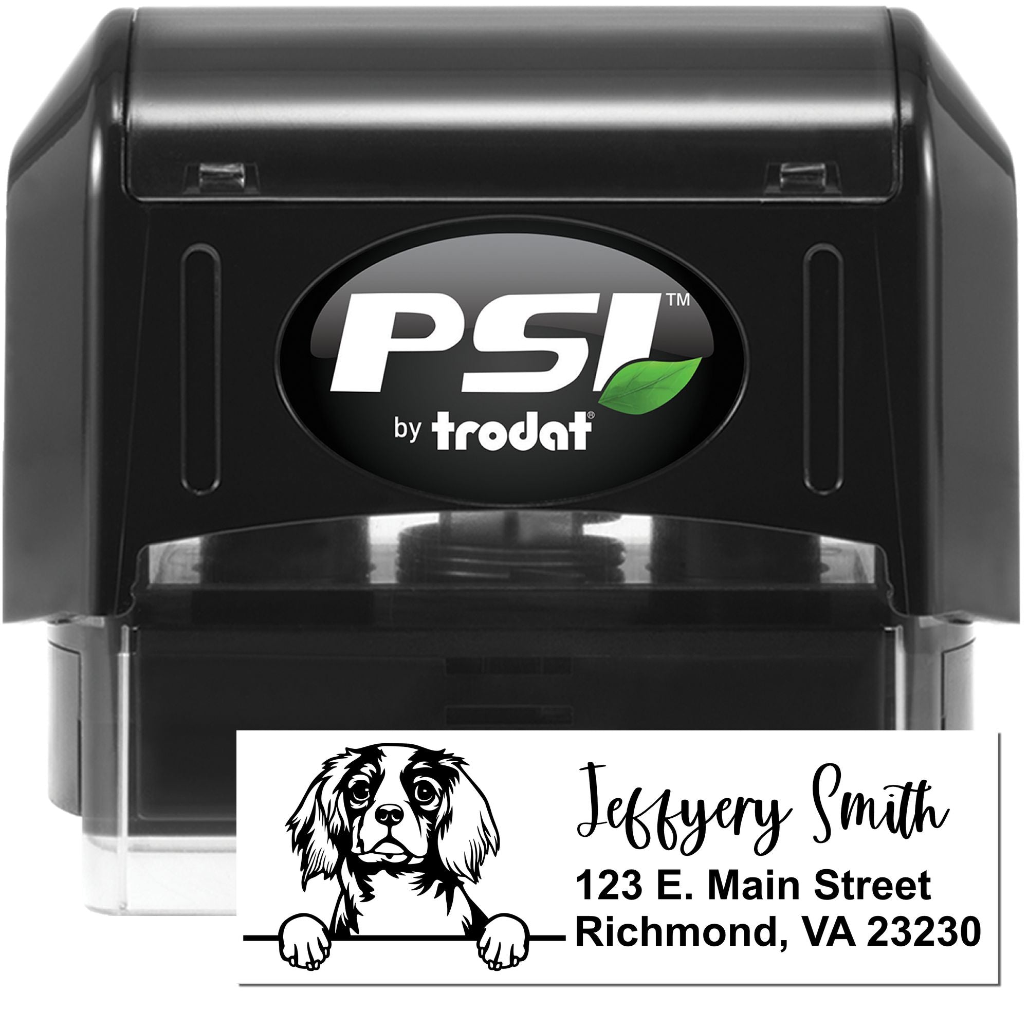 PSI by Trodat self-inking custom address rubber stamp with dog logo for Jeffrey Smith, Richmond, VA.