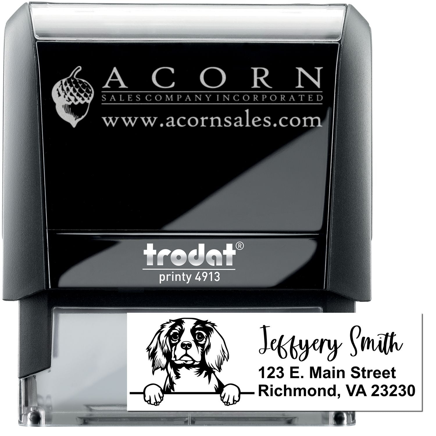 Trodat Printy 4913 self-inking custom rubber stamp with Acorn Sales logo and personalized address stamp example.