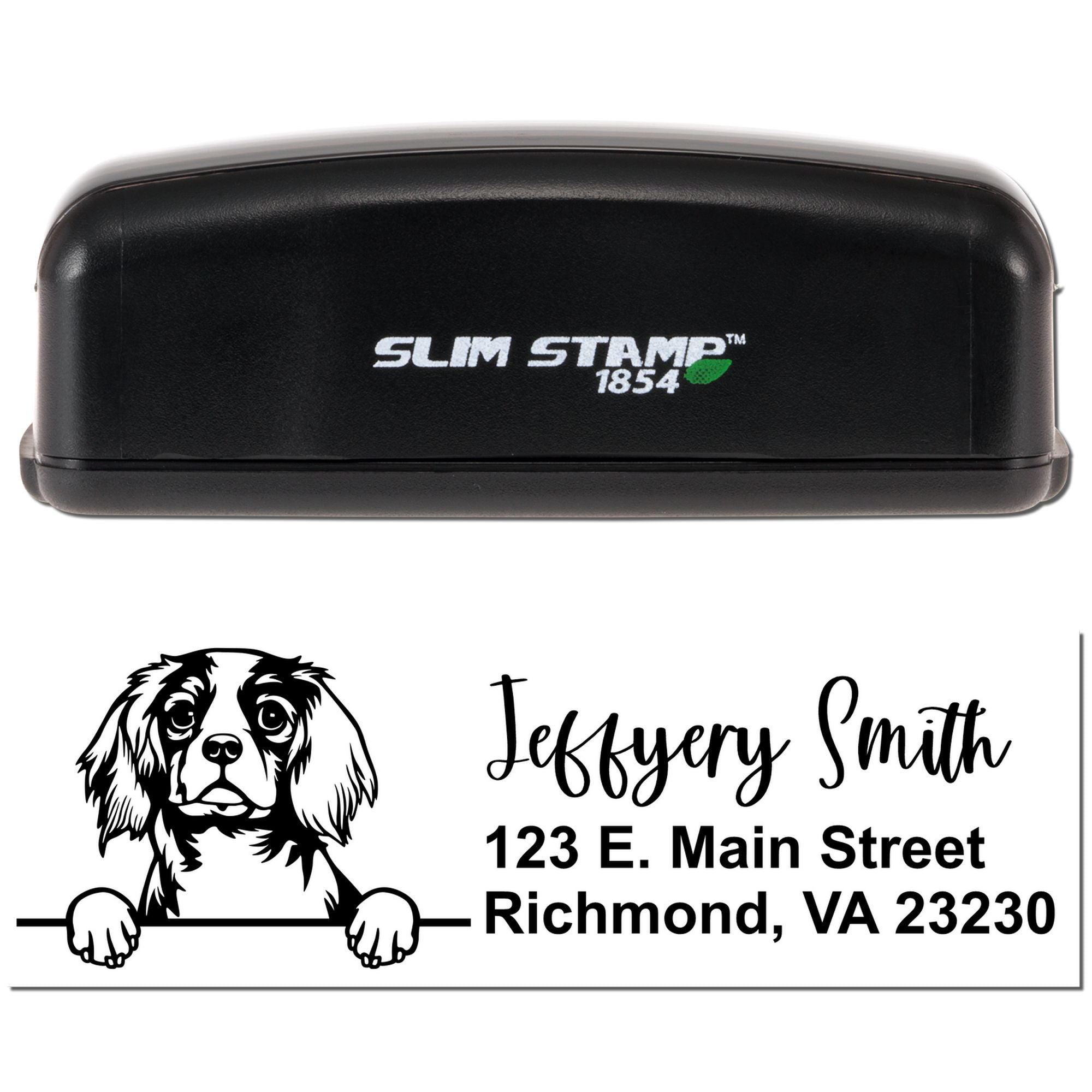 Slim Stamp 1854 custom address rubber stamp with dog logo, name, and Richmond VA return address.