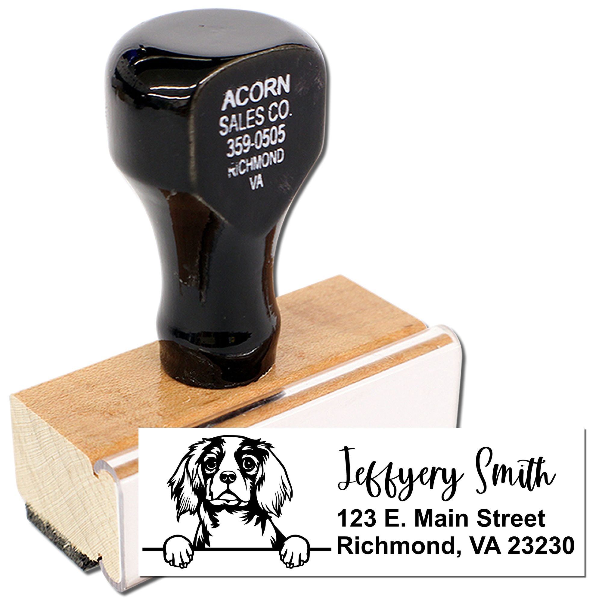 Custom address rubber stamp with dog illustration, featuring Jeffrey Smith and Richmond, VA return address.