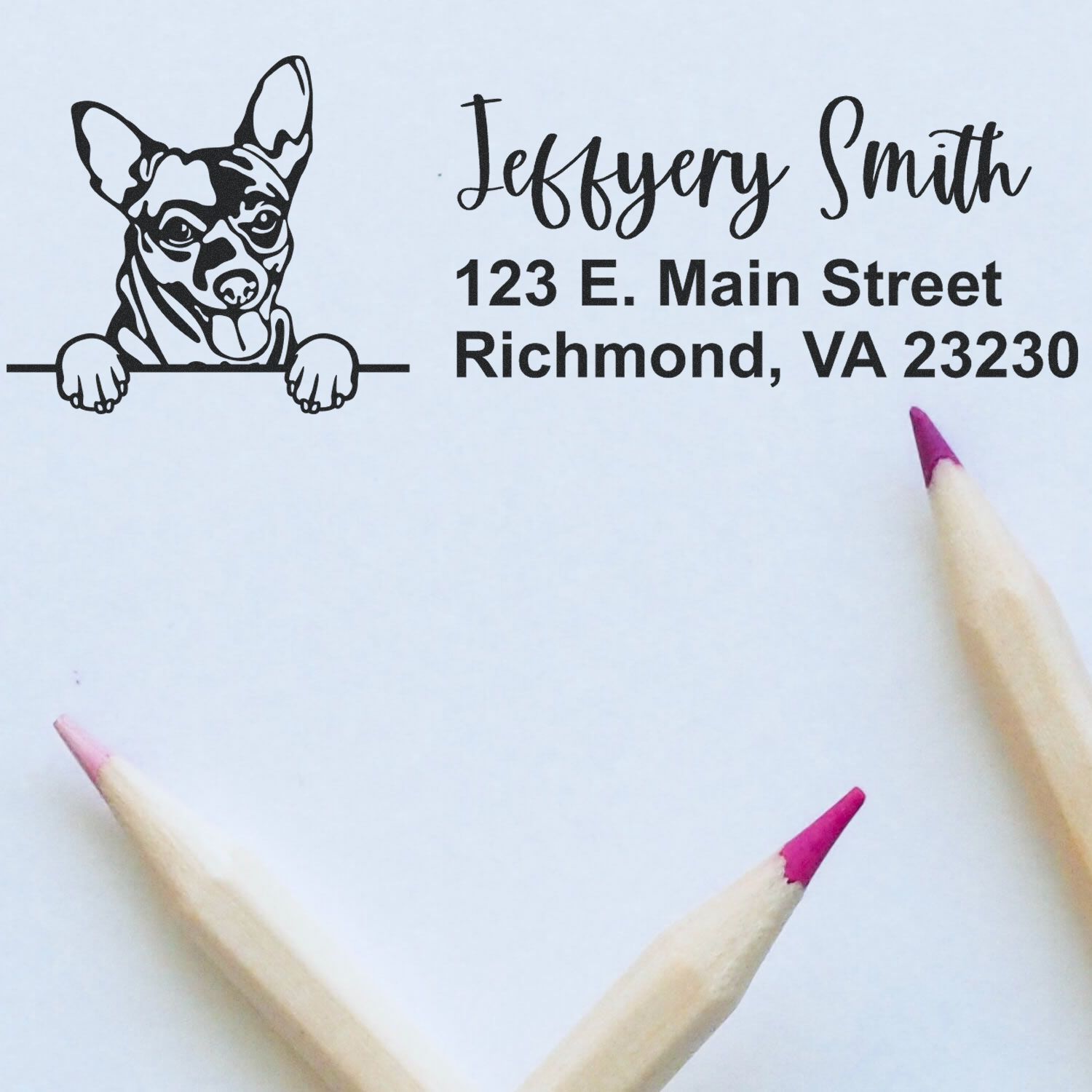 Personalized return address rubber stamp with dog design, name, and Richmond, VA address.