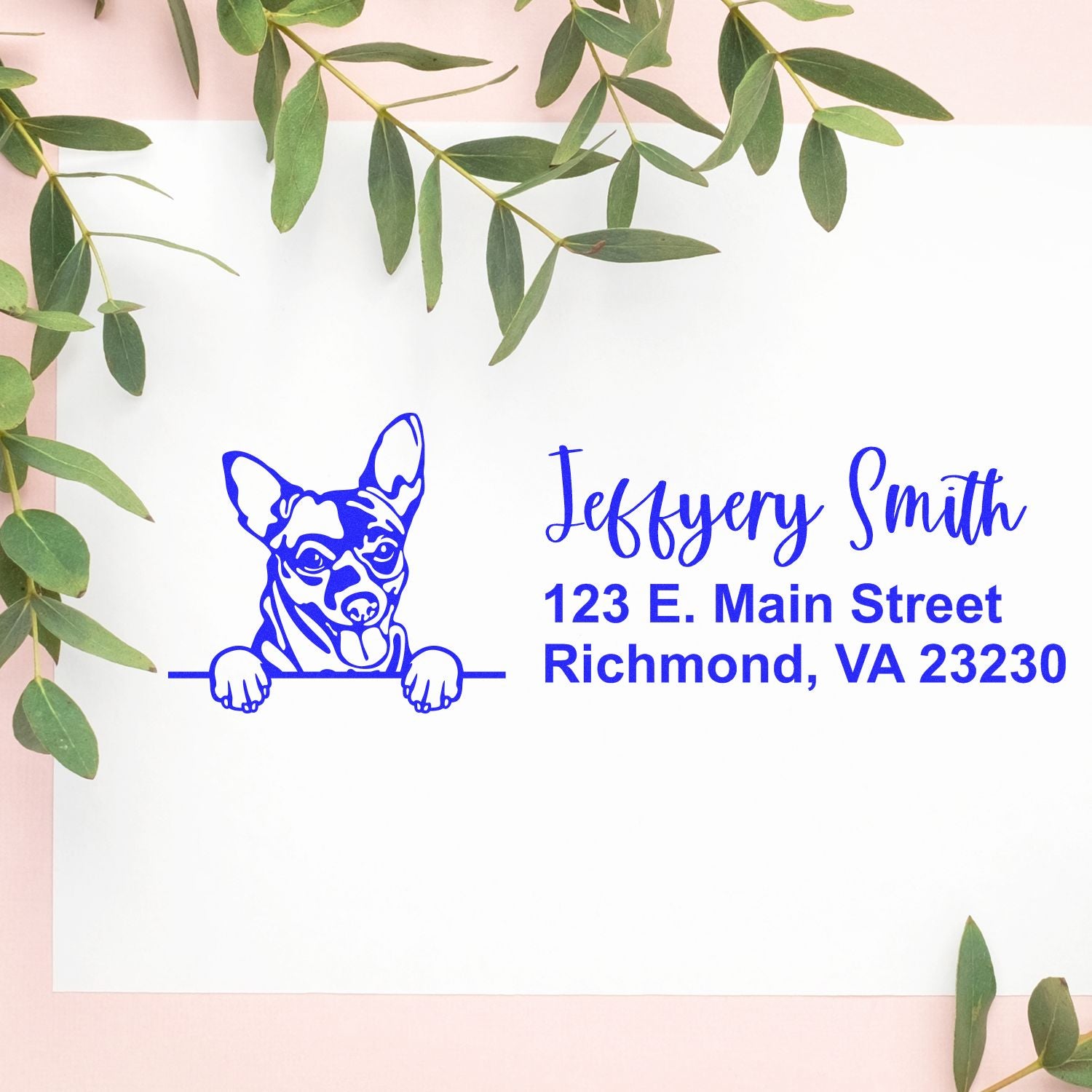 Custom dog address rubber stamp with personalized return address for Jeffery Smith, Richmond, VA 23230