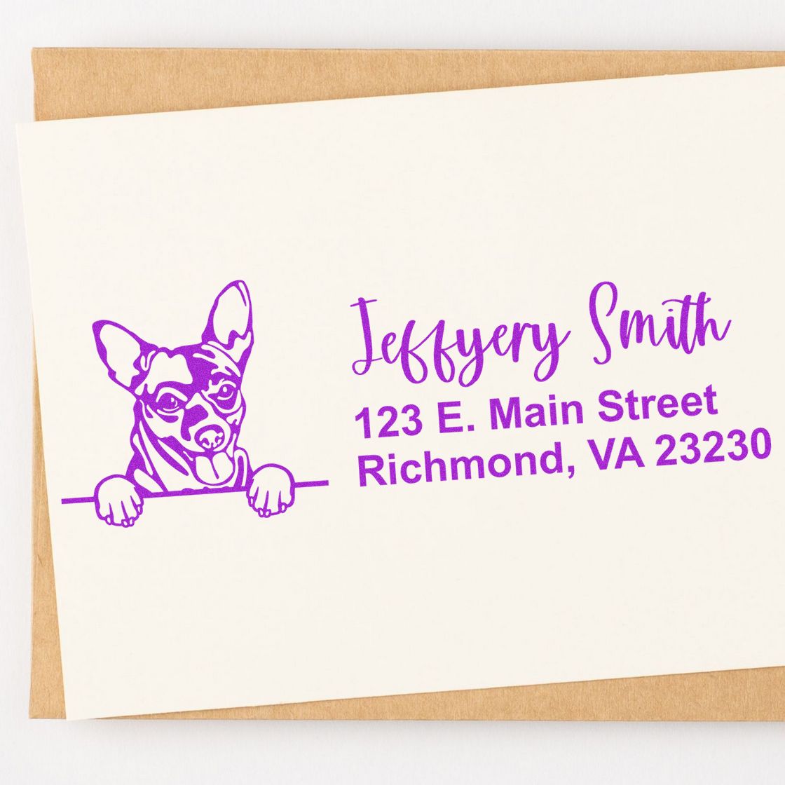 Custom Chihuahua return address rubber stamp with dog illustration, personalized name, and Richmond, VA address in purple ink.