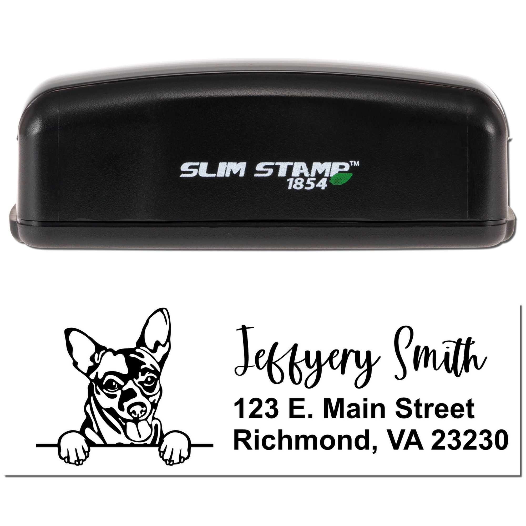 Slim Stamp 1854 custom return address rubber stamp with dog logo, name, and address for personalized mailing.