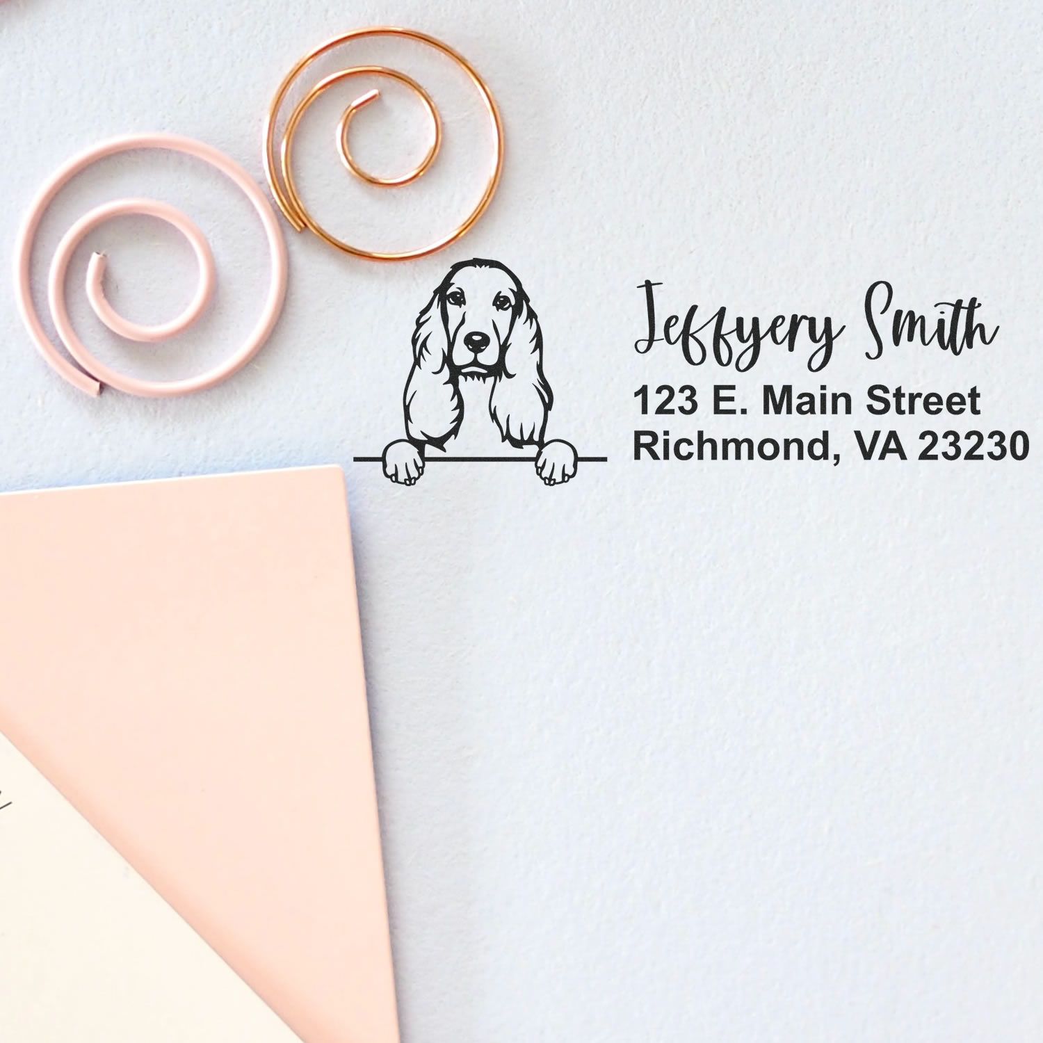Custom rubber address stamp with dog illustration and return address for personalized mailing, stationery, and envelopes.