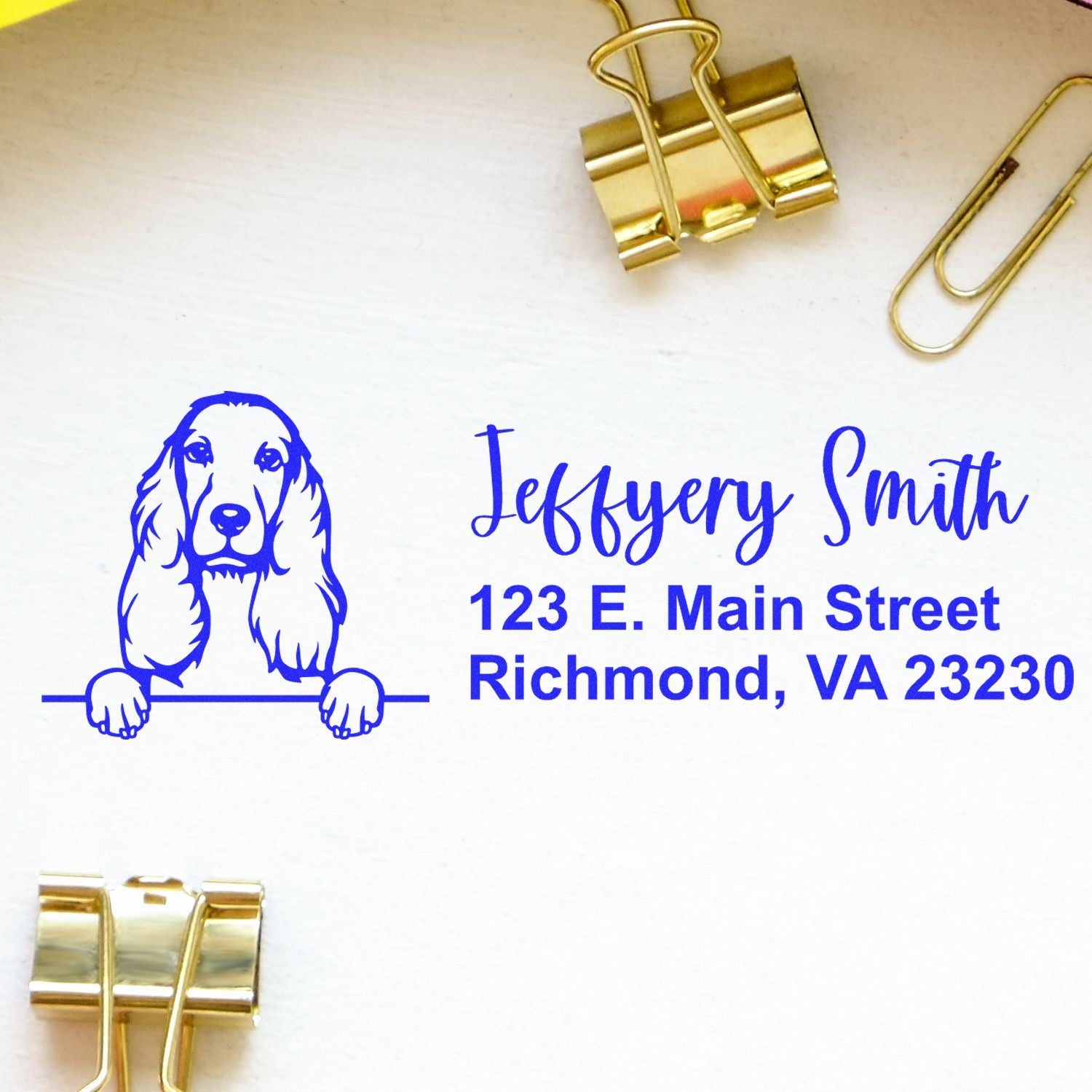 Custom dog address rubber stamp with personalized name and Richmond, VA return address for mailing and stationery.