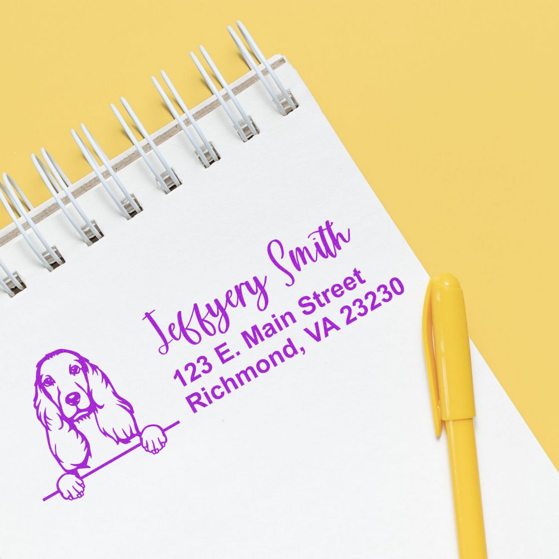 Personalized dog address rubber stamp for Jeffery Smith, with custom pet design and Richmond, VA 23230 return address.