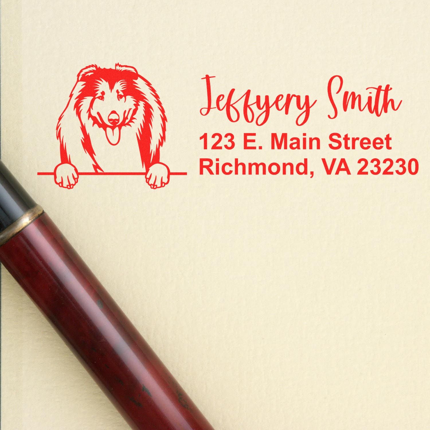 Custom rubber address stamp with dog logo, Jefferson Smith, 123 E. Main Street, Richmond, VA 23230.