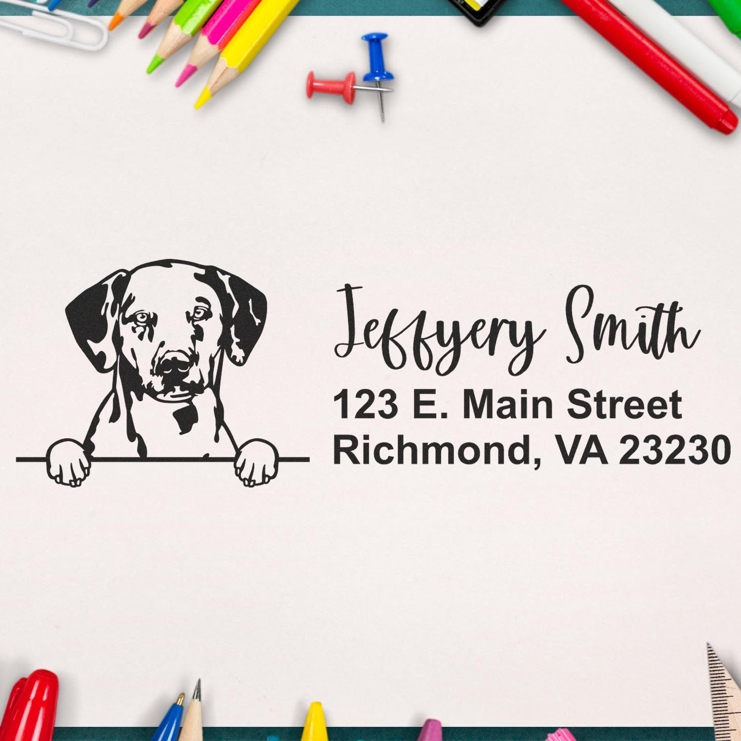 Custom rubber address stamp with dog illustration, name, and Richmond VA address for personalized mailing and business use.