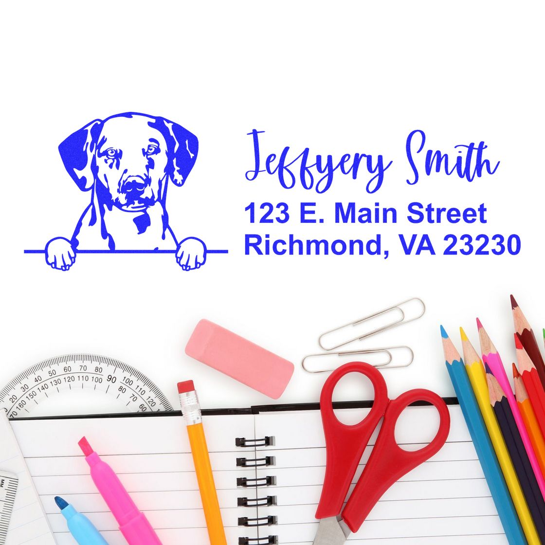 Custom rubber address stamp with dog illustration for Jeffrey Smith, showing name and Richmond, VA address for mail.