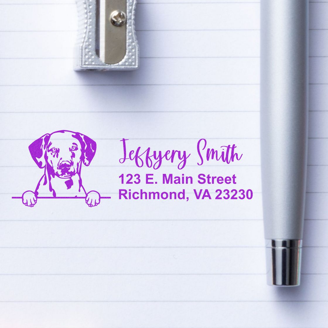 Custom dog address rubber stamp with personalized name and Richmond, VA mailing address in purple ink.