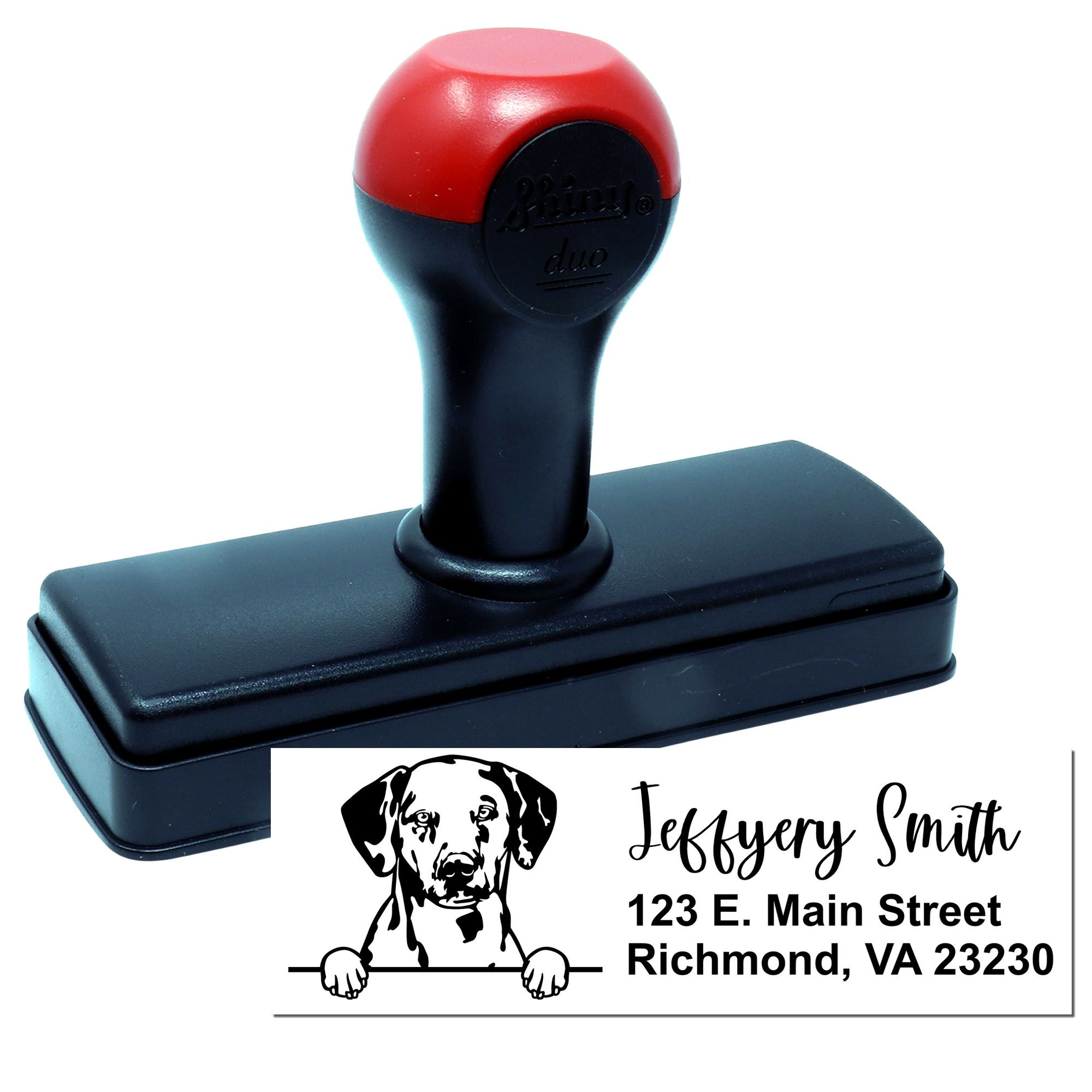 Custom self-inking rubber stamp with dog logo and return address for personalized mailing.