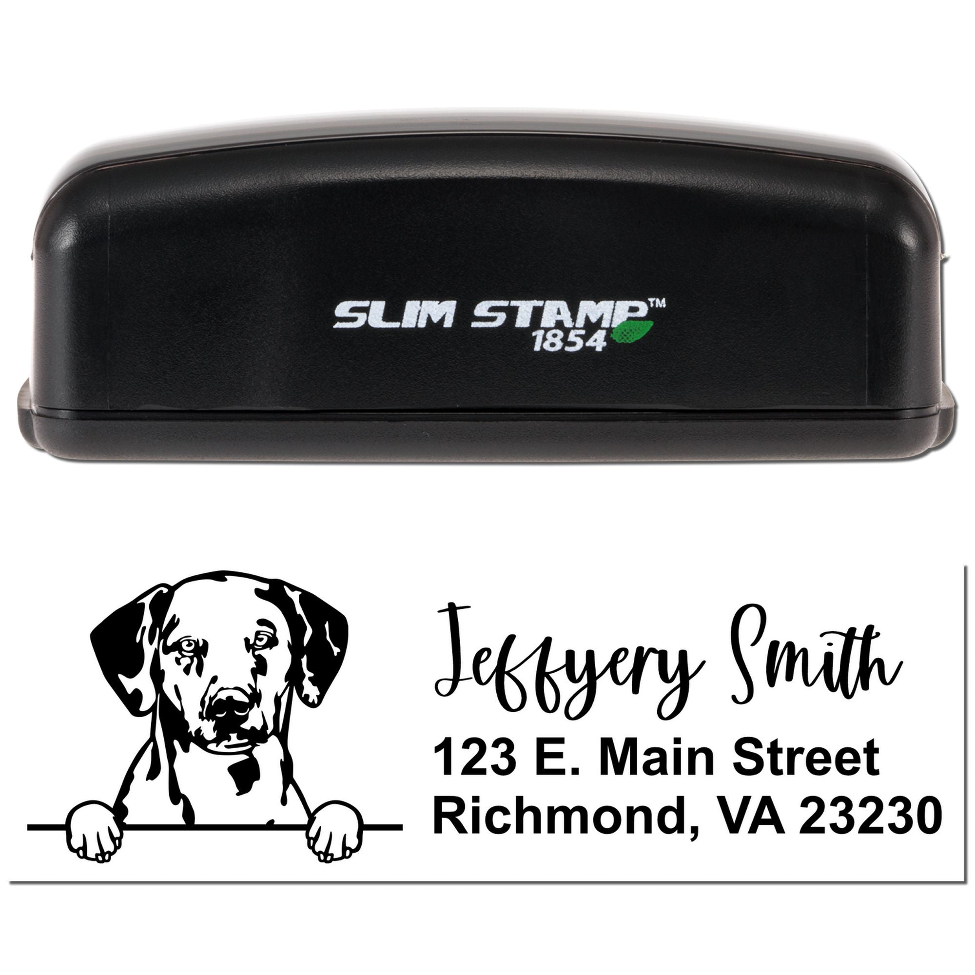 Slim Stamp 1854 custom self-inking rubber stamp with dog logo, name, and address for personalized mail.