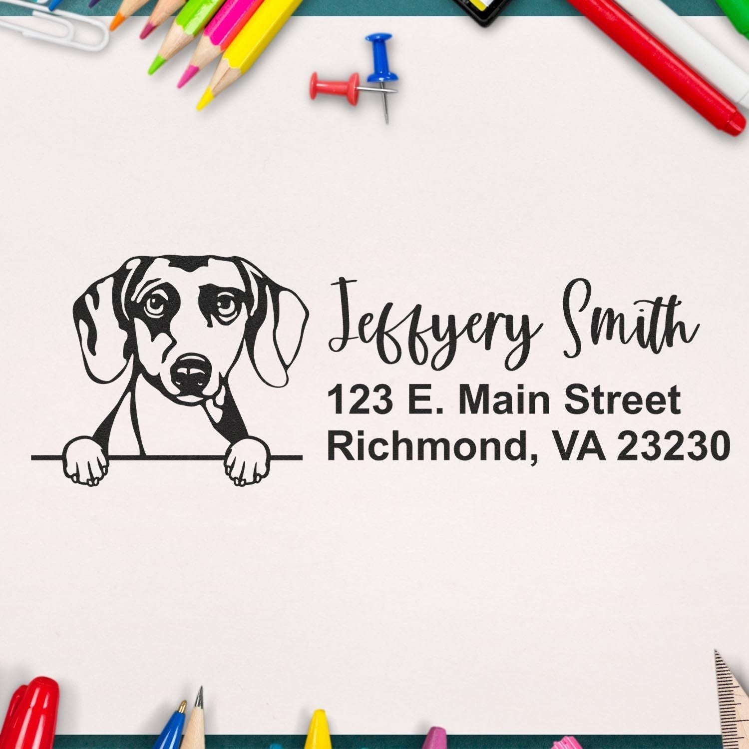 Custom dog return address rubber stamp with name and Richmond, VA address for envelopes, mail, and stationery.