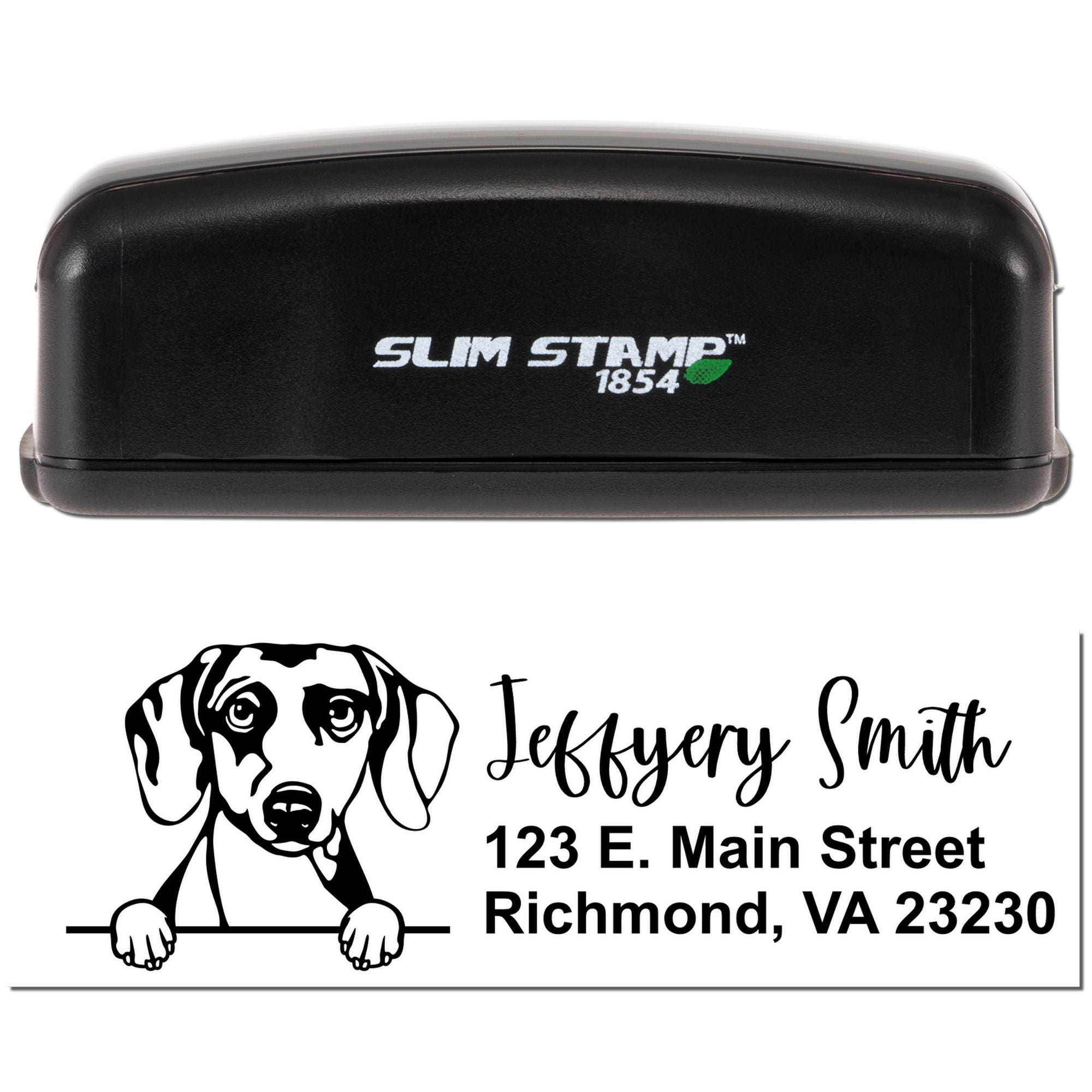 Slim Stamp 1854 custom self-inking address stamp with dog illustration for Jeffrey Smith, Richmond, VA