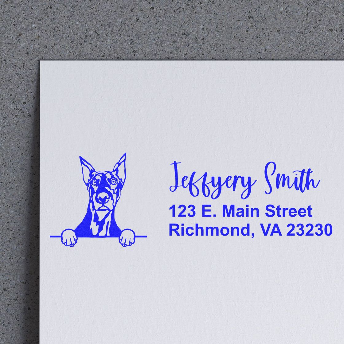 Custom rubber address stamp with dog logo for Jeffrey Smith, Richmond, VA.