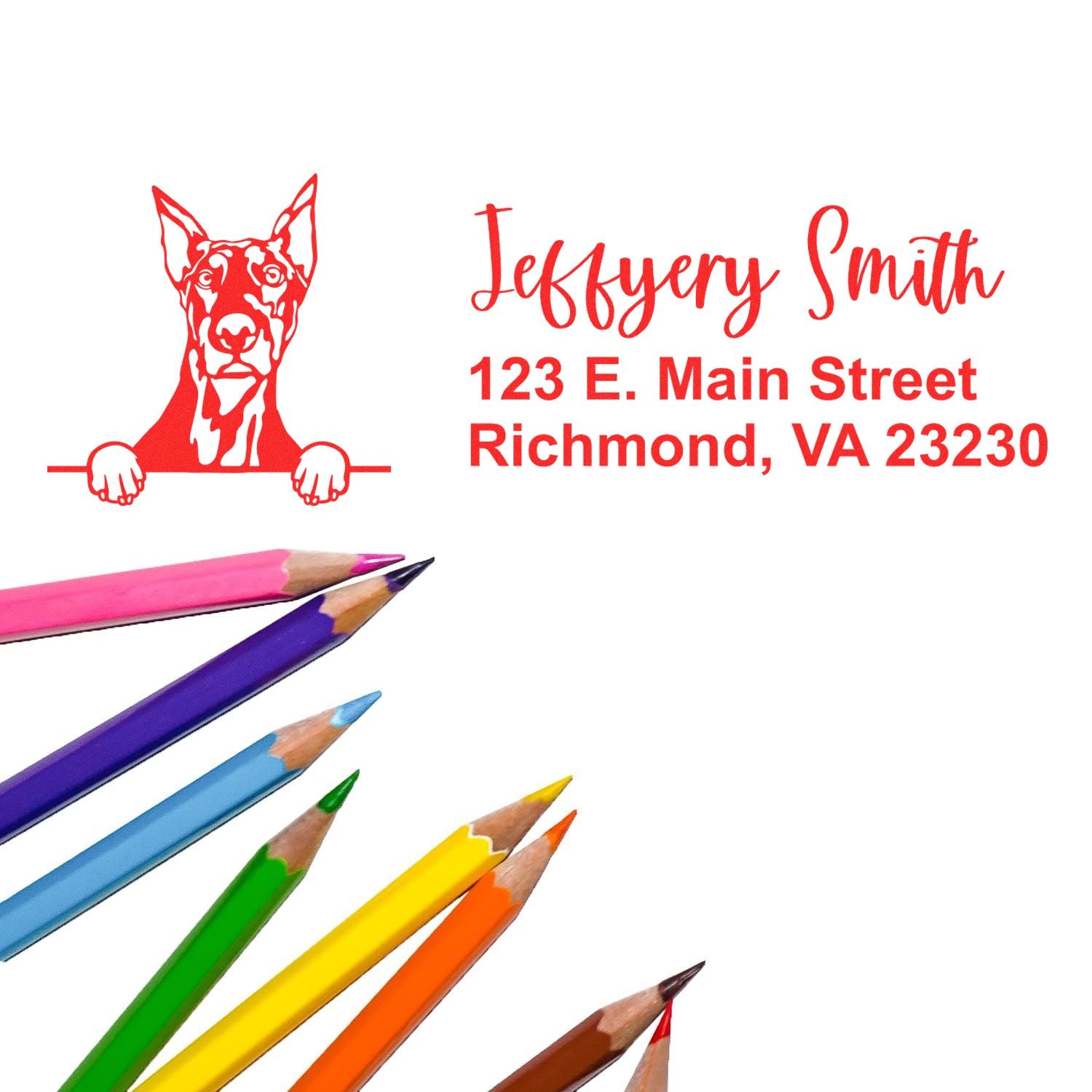 Personalized rubber address stamp with Doberman dog logo, Jeffrey Smith name, and Richmond, VA address.