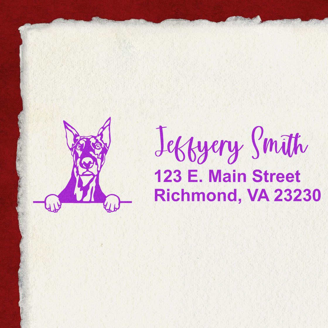Custom dog return address rubber stamp imprint with name and Richmond, VA address in purple ink
