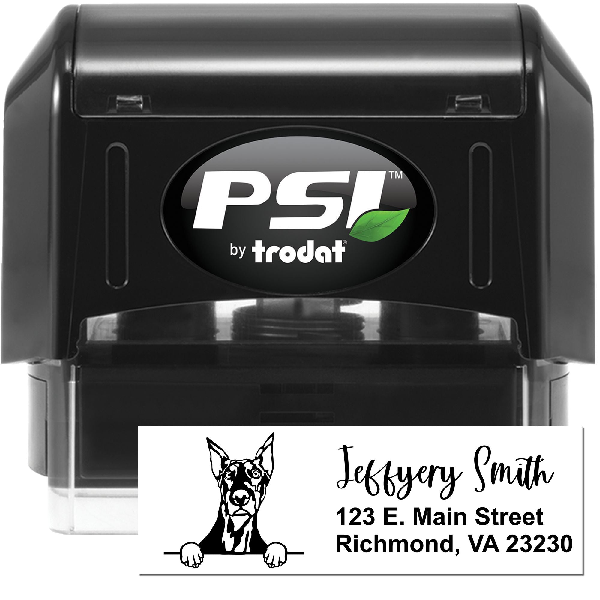 PSI by Trodat self-inking rubber stamp with custom dog address design for personalized mailing and business branding