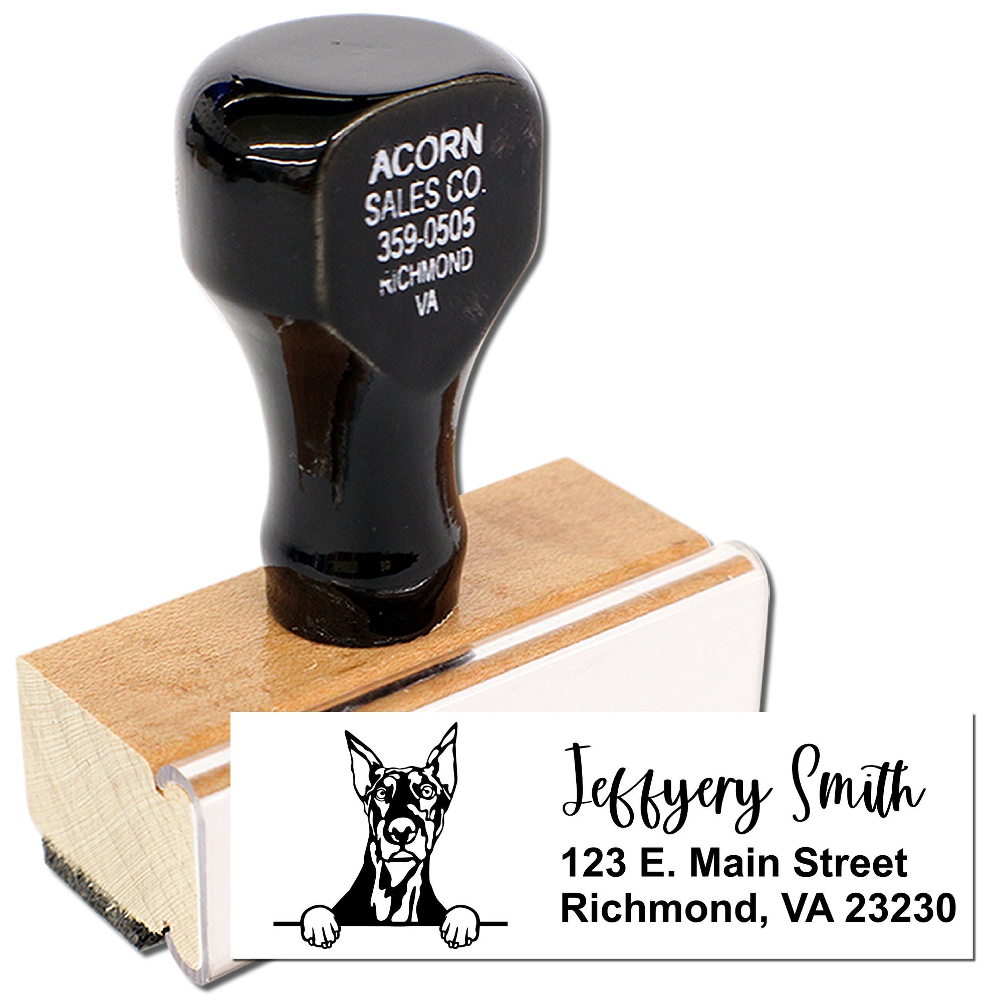 Custom rubber address stamp with dog logo, name, and Richmond, VA return address for personal mail.