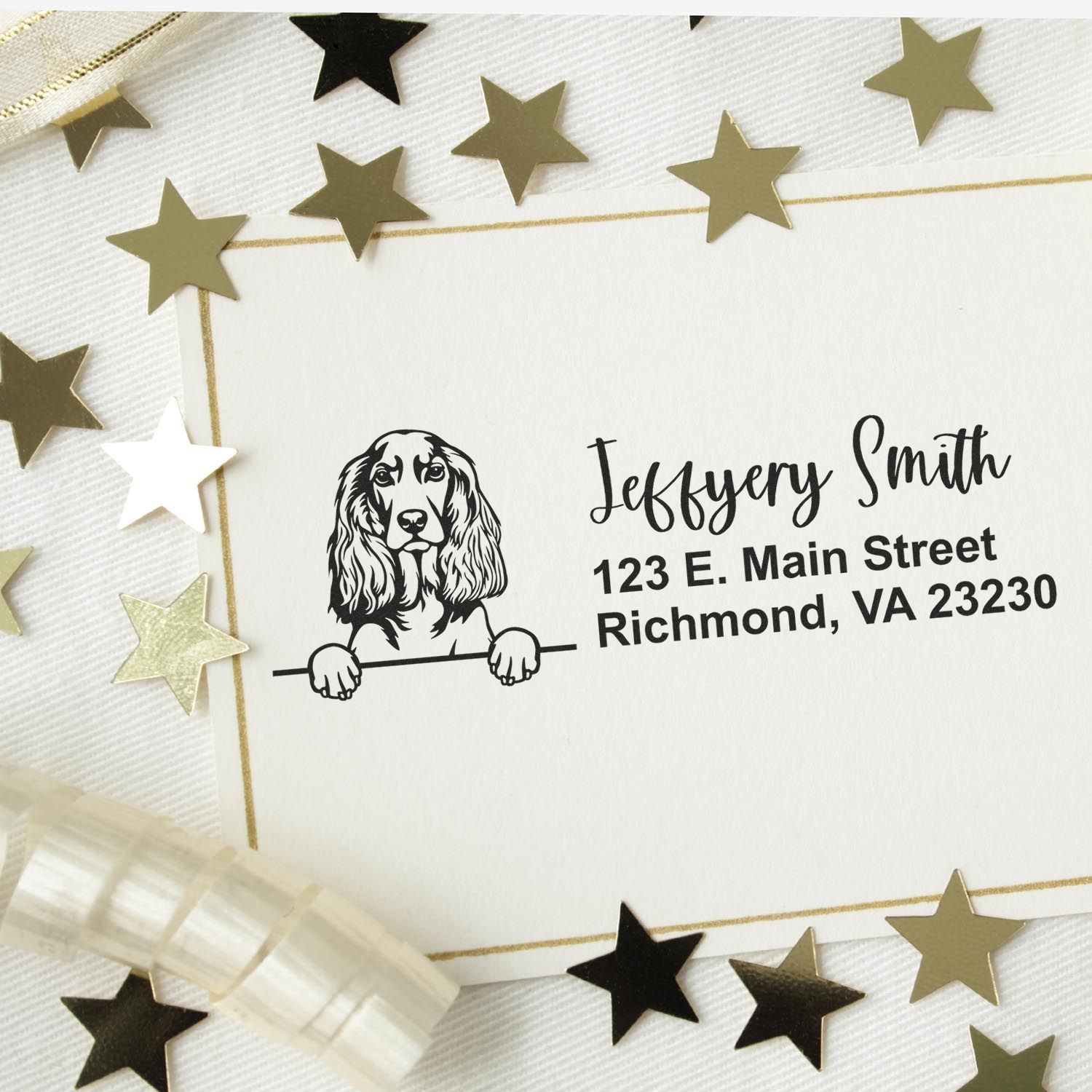 Custom rubber address stamp with dog illustration, personalized name and Richmond, VA return address on envelope.