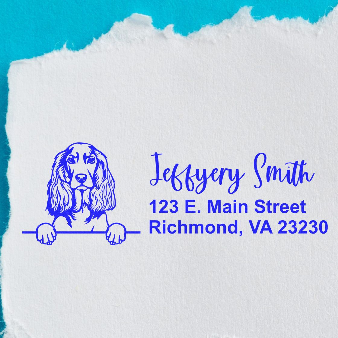 Custom dog return address rubber stamp for Jeffery Smith, 123 E. Main Street, Richmond, VA 23230
