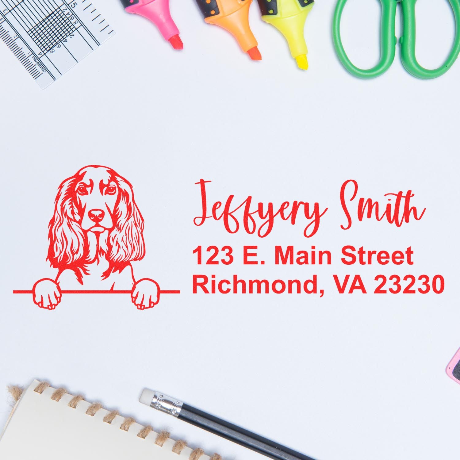 Personalized dog return address rubber stamp for Jeffery Smith, Richmond VA 23230.