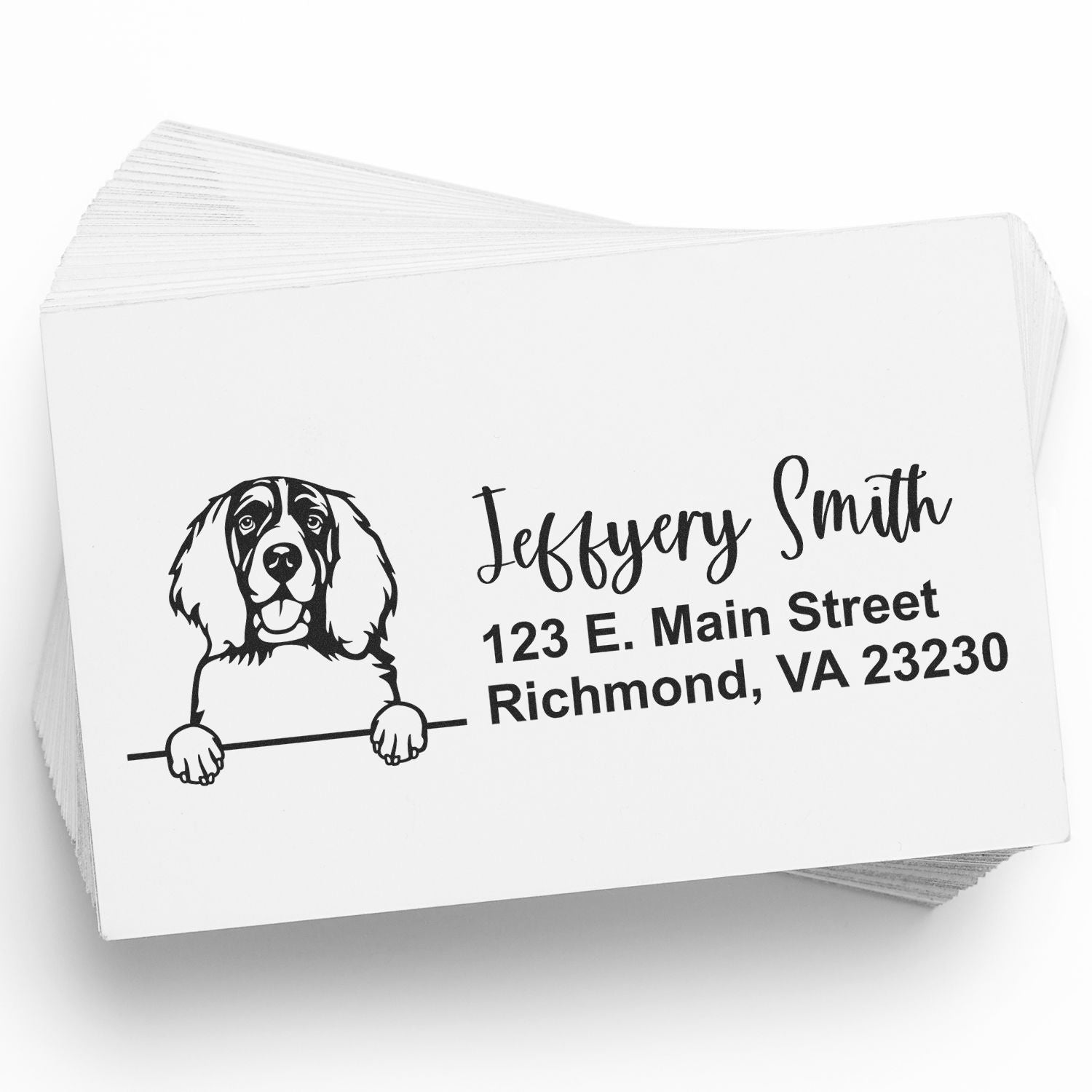 Custom dog address rubber stamp for Jeffrey Smith, Richmond VA, featuring pet portrait and personalized return address design