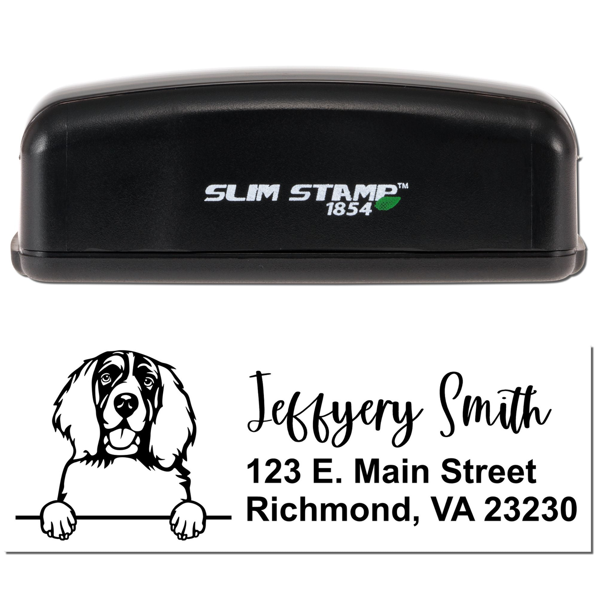Slim Stamp 1854 custom rubber address stamp with dog illustration, Jeffrey Smith name, and Richmond, VA address.