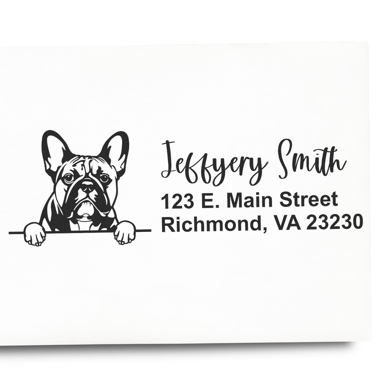 Custom French bulldog return address rubber stamp with Jeffrey Smith name and Richmond, VA 23230.