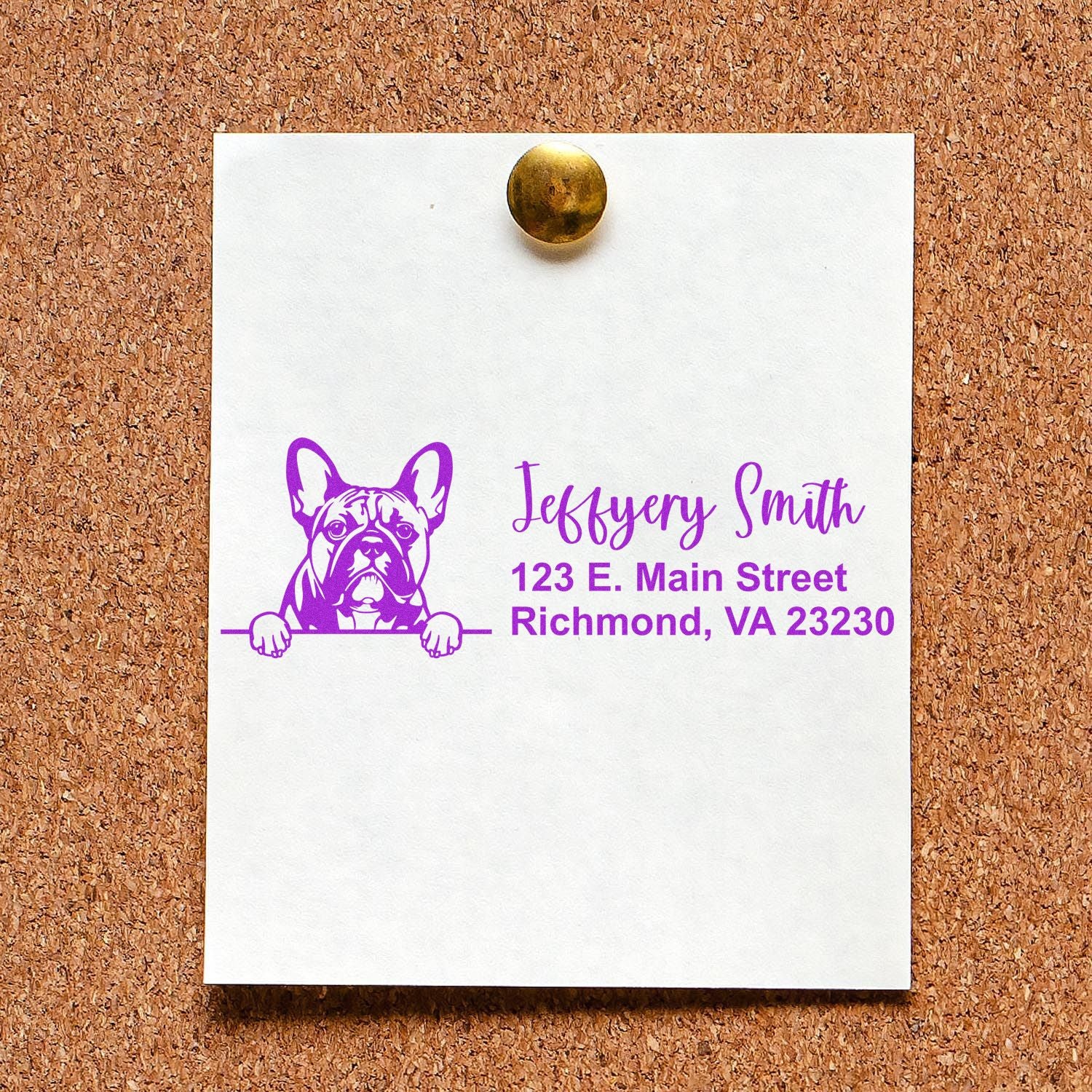 Personalized bulldog address stamp for return mail, featuring name and Richmond, VA address in purple.