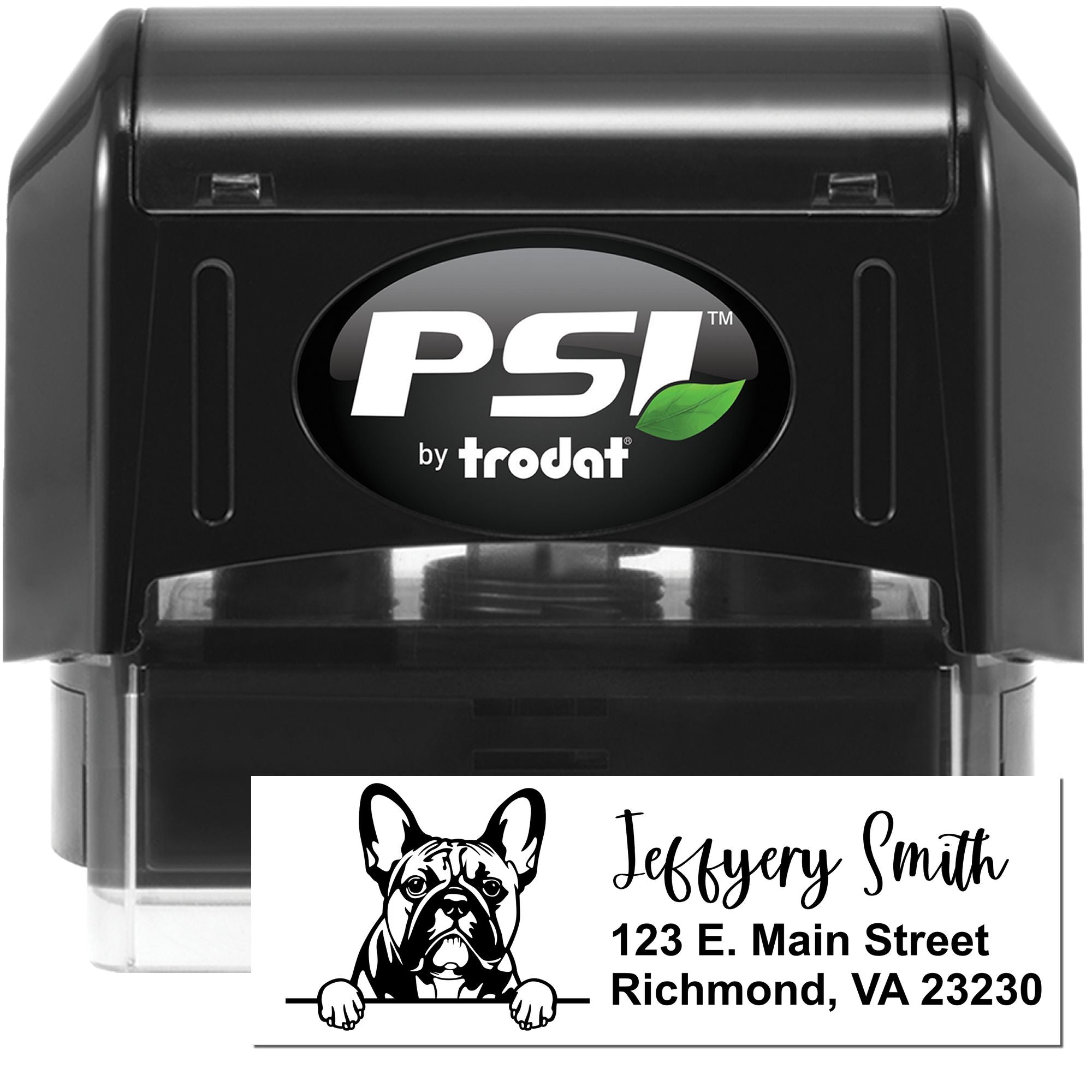 PSI by Trodat self-inking rubber stamp with custom bulldog address design for personalized business mailing.