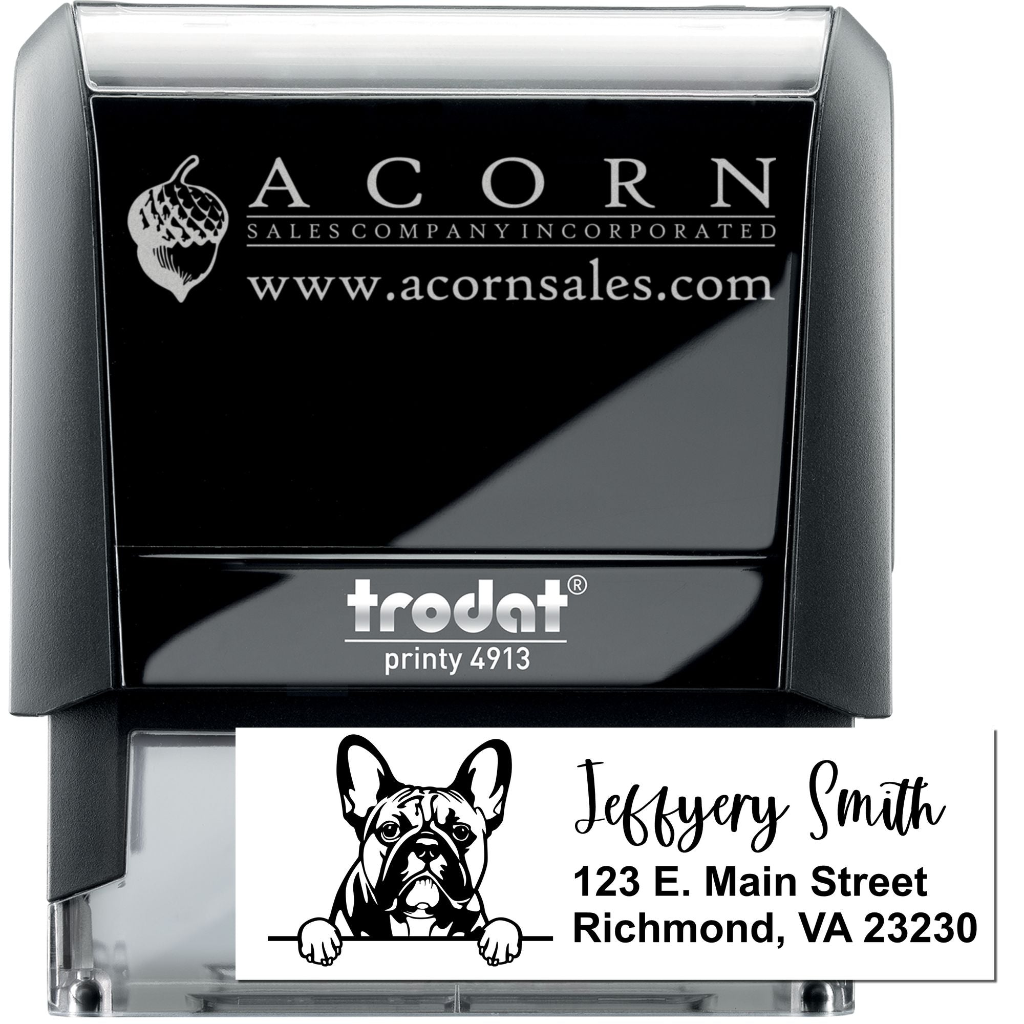Custom self-inking rubber stamp with logo and address imprint, Trodat Printy 4913 for business branding and mailing.