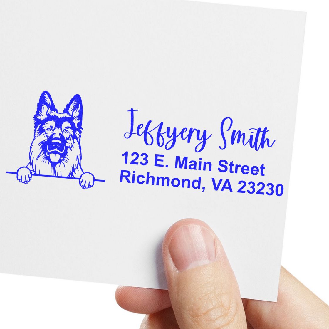 Custom rubber address stamp with German shepherd dog design for personalized pet lover mail and stationery.