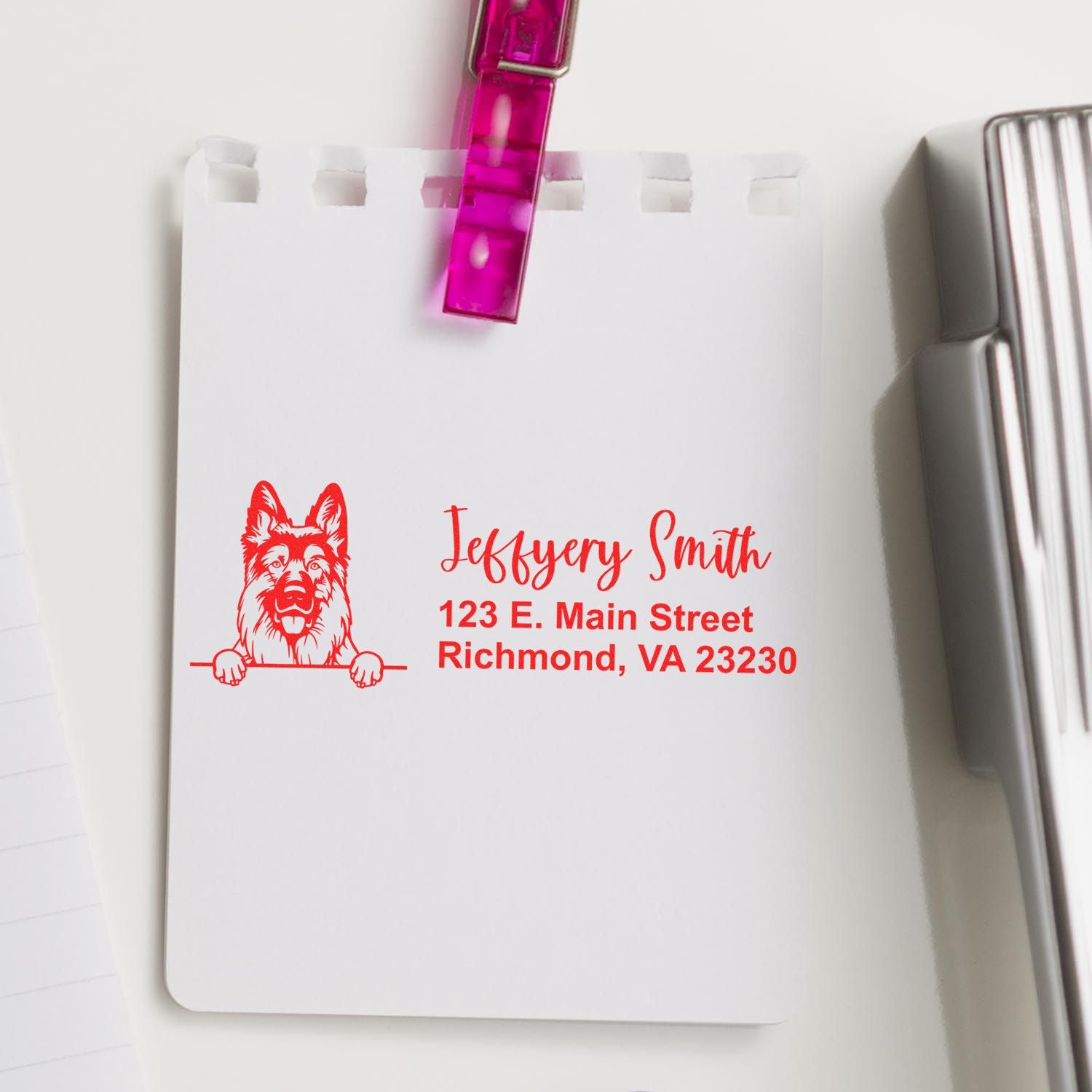 Custom rubber address stamp with dog logo, name, and Richmond, VA address for personalized mailing