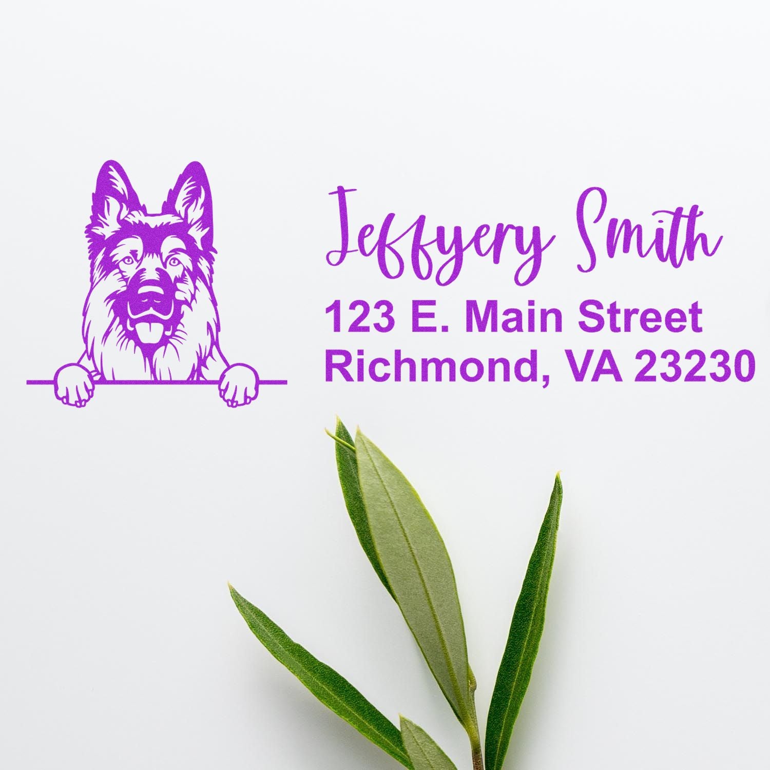Custom German shepherd return address rubber stamp with name and Richmond, VA mailing address