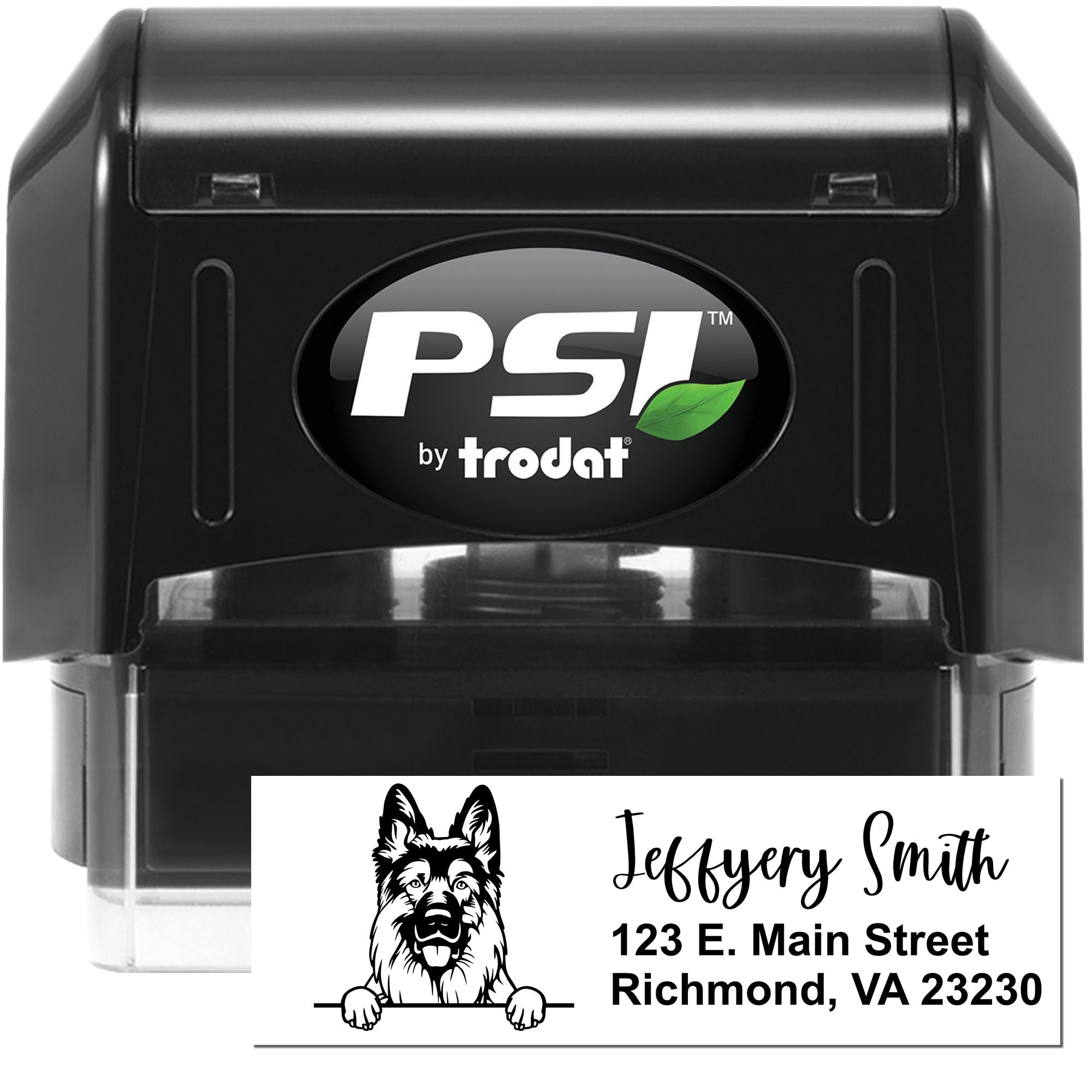 Custom self-inking PSI by Trodat rubber stamp with dog logo and address for personalized business or return mailing use