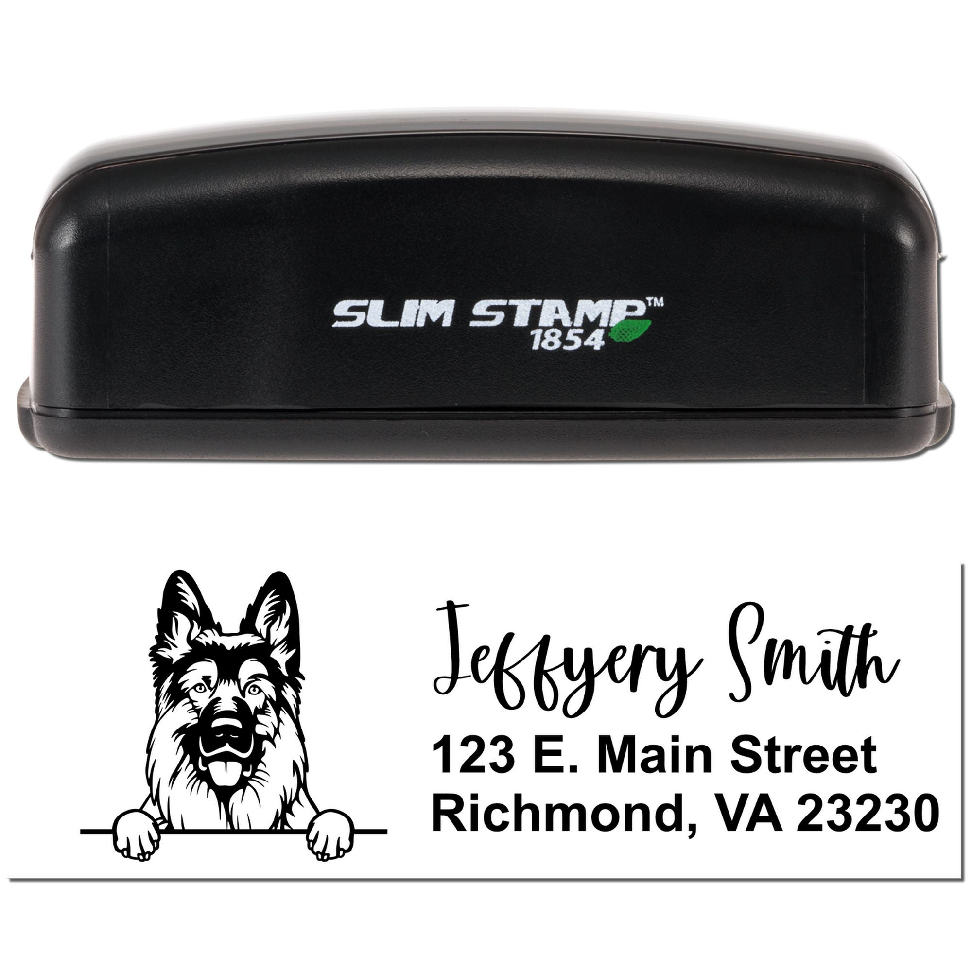 Custom address rubber stamp with dog illustration and return address, shown in a Slim Stamp case.