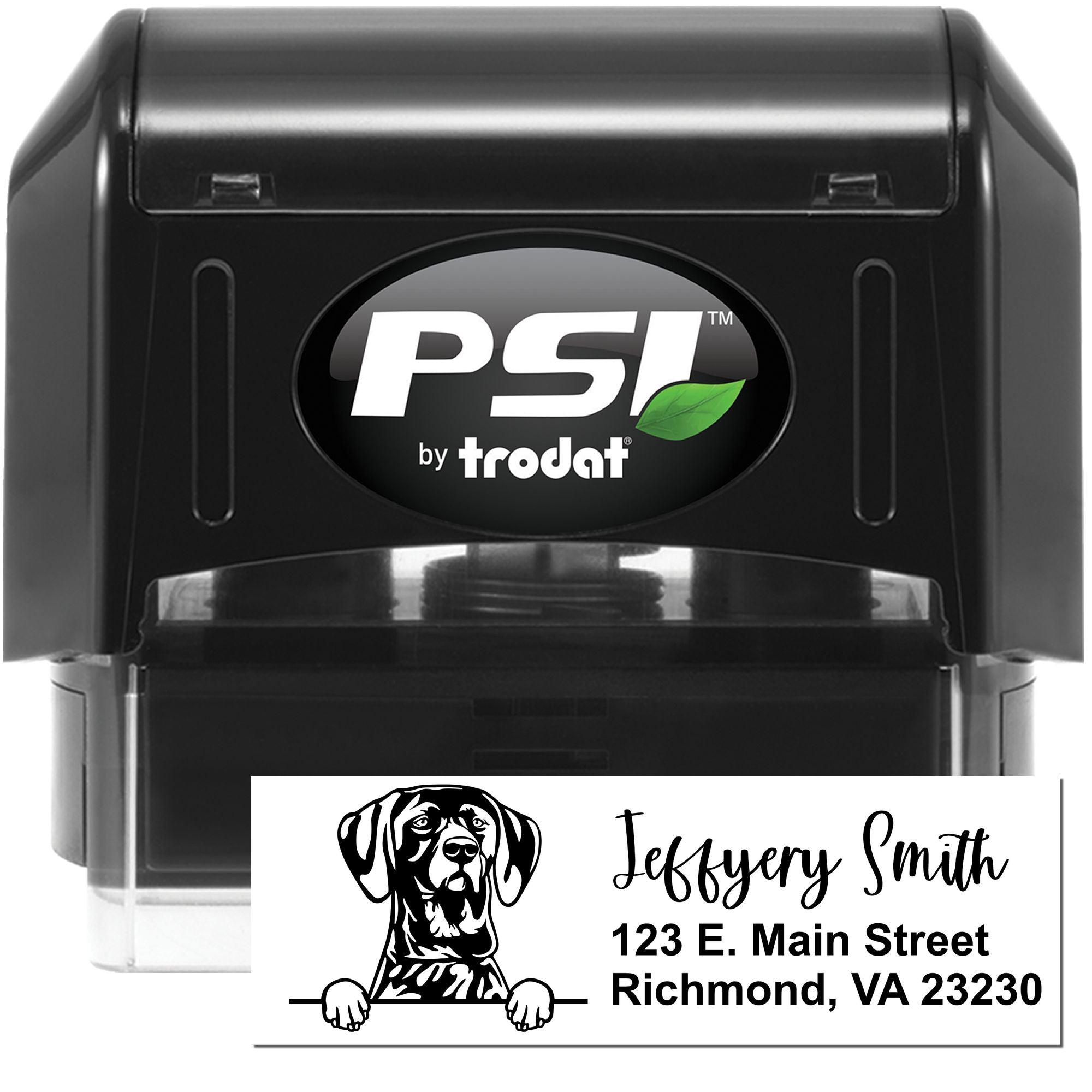 PSI by Trodat self-inking custom address rubber stamp with dog logo, name, and address for personalized mailing.