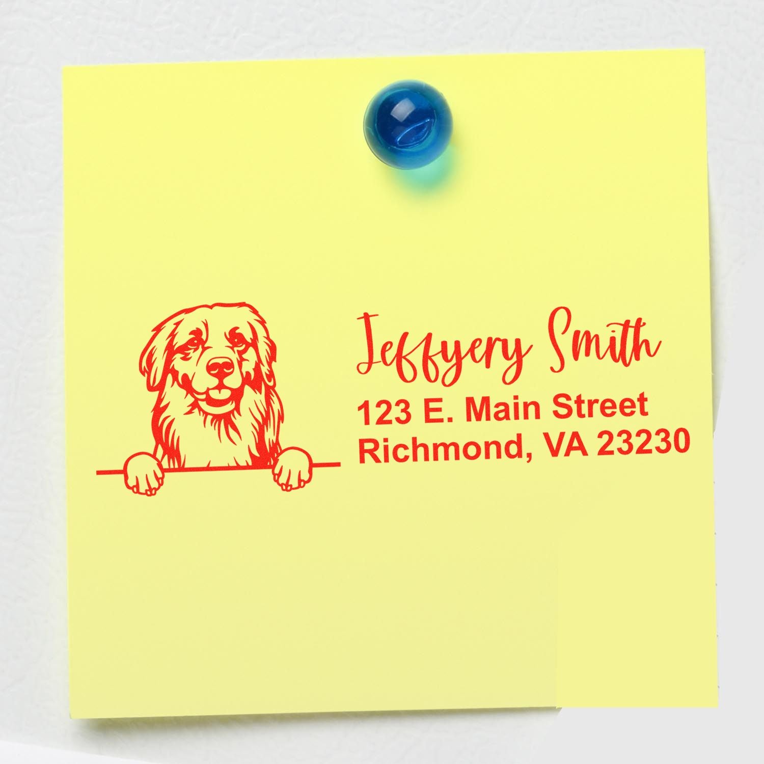 Custom return address rubber stamp with dog logo, featuring Jeffery Smith, 123 E. Main Street, Richmond, VA 23230.