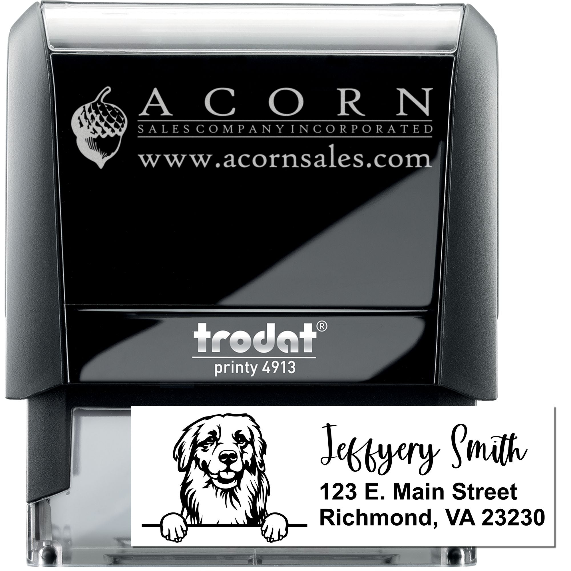 Custom self-inking rubber stamp with logo, name, and address for business branding and mailing.