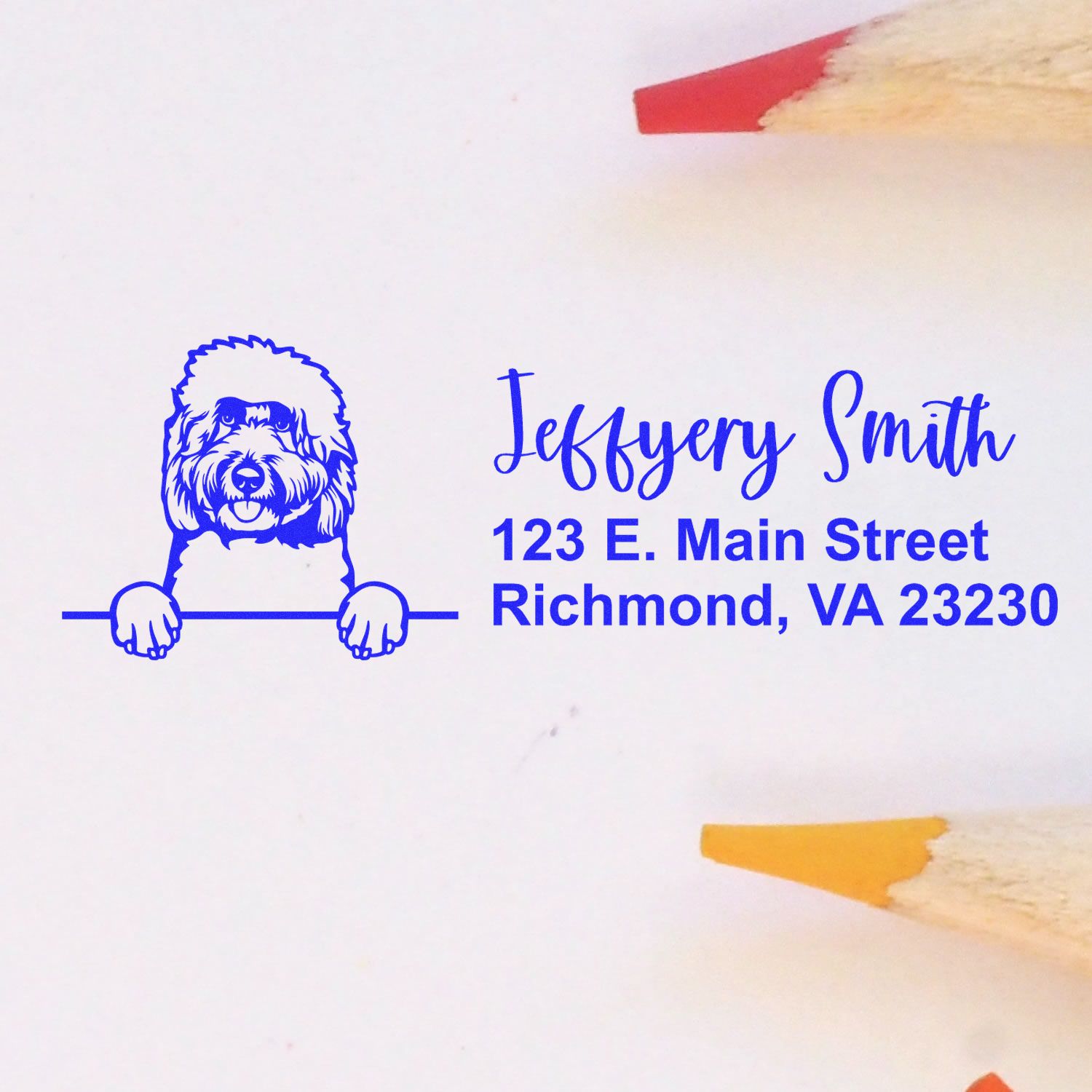 Custom rubber stamp with dog logo and Jeffrey Smith address, 123 E. Main Street, Richmond, VA 23230.