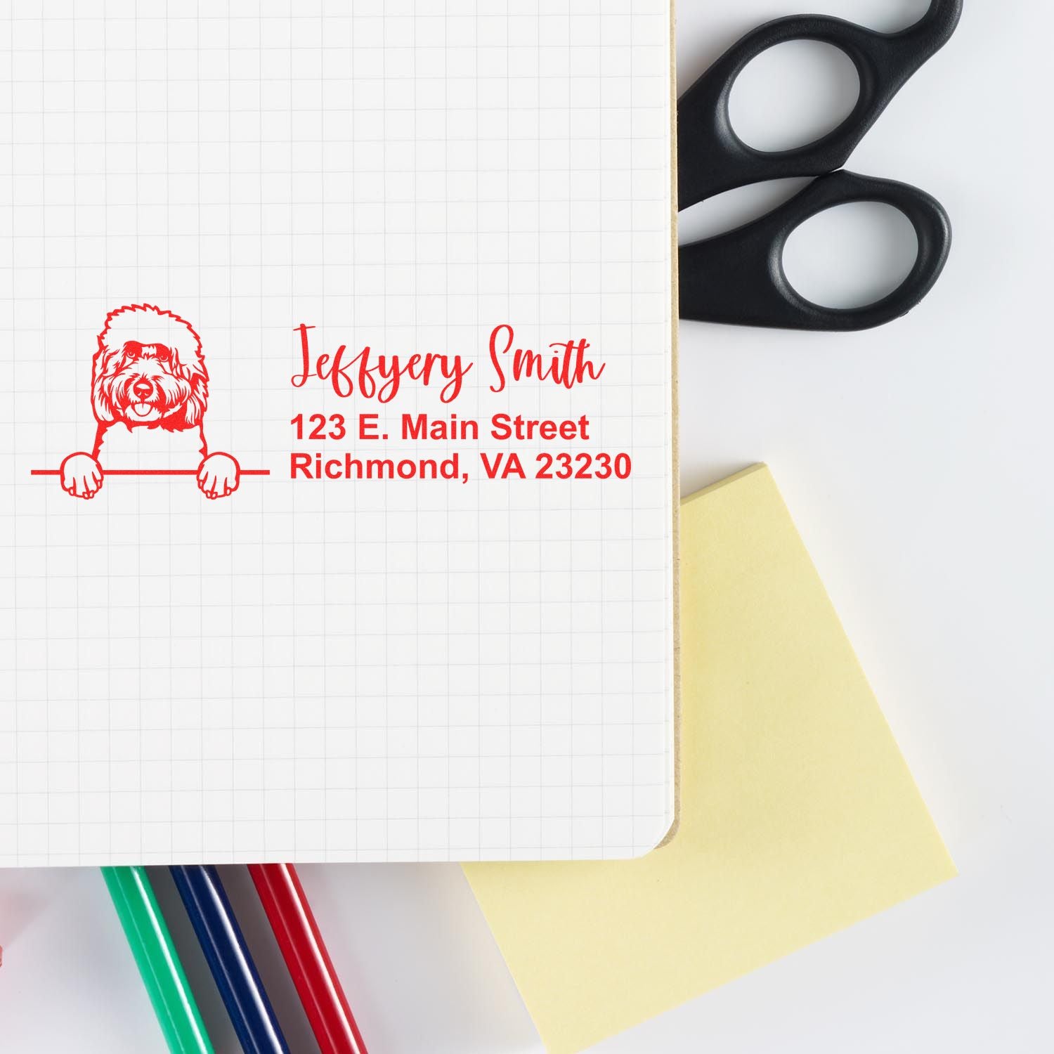 Personalized dog address rubber stamp with name and mailing address for envelopes, business mail, and stationery.