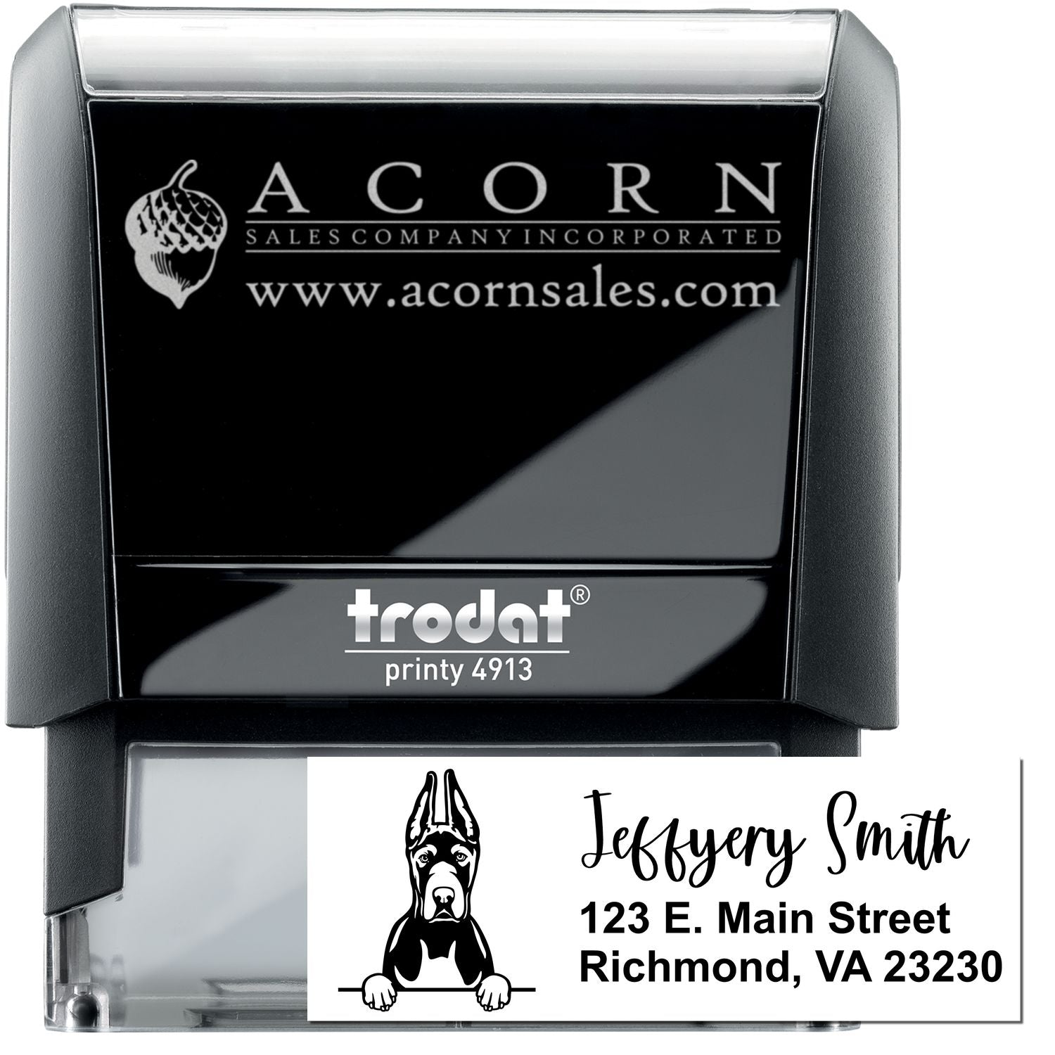 Custom self-inking rubber stamp with business logo, website, and address imprint