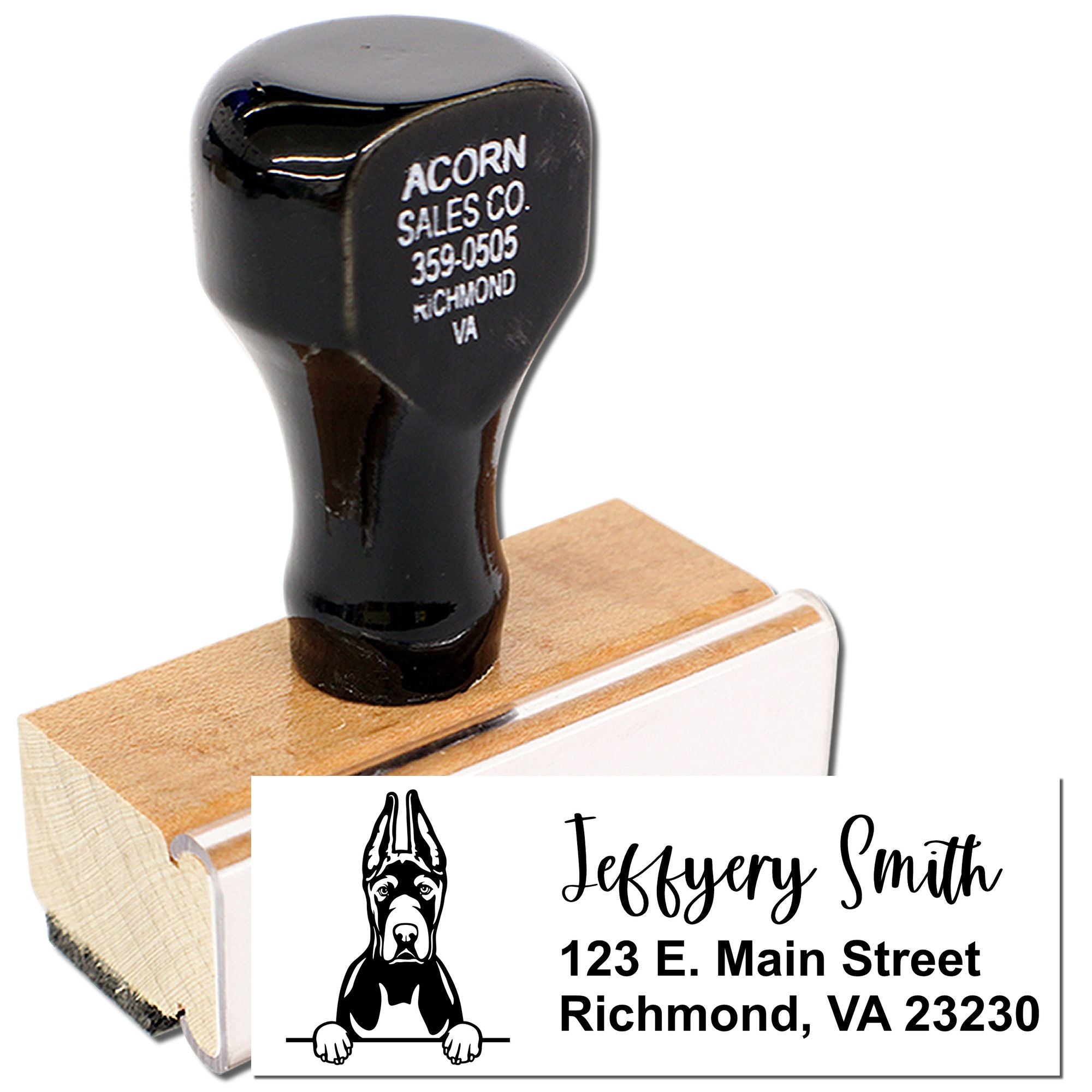 Custom dog logo address rubber stamp with wooden handle for Jeffery Smith, Richmond VA, ideal for business mailings