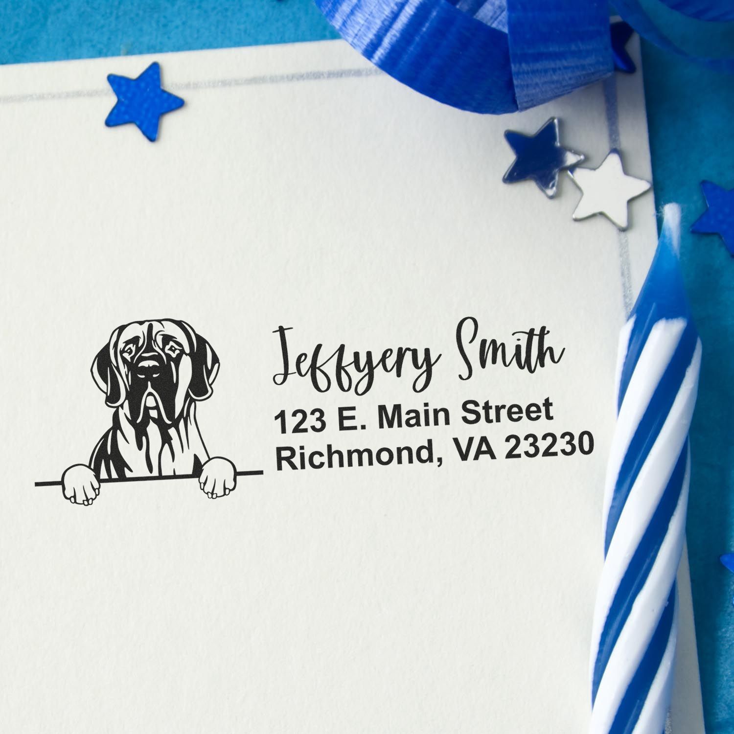 Personalized dog return address rubber stamp with name and Richmond, VA address on envelope, styled with blue stars.
