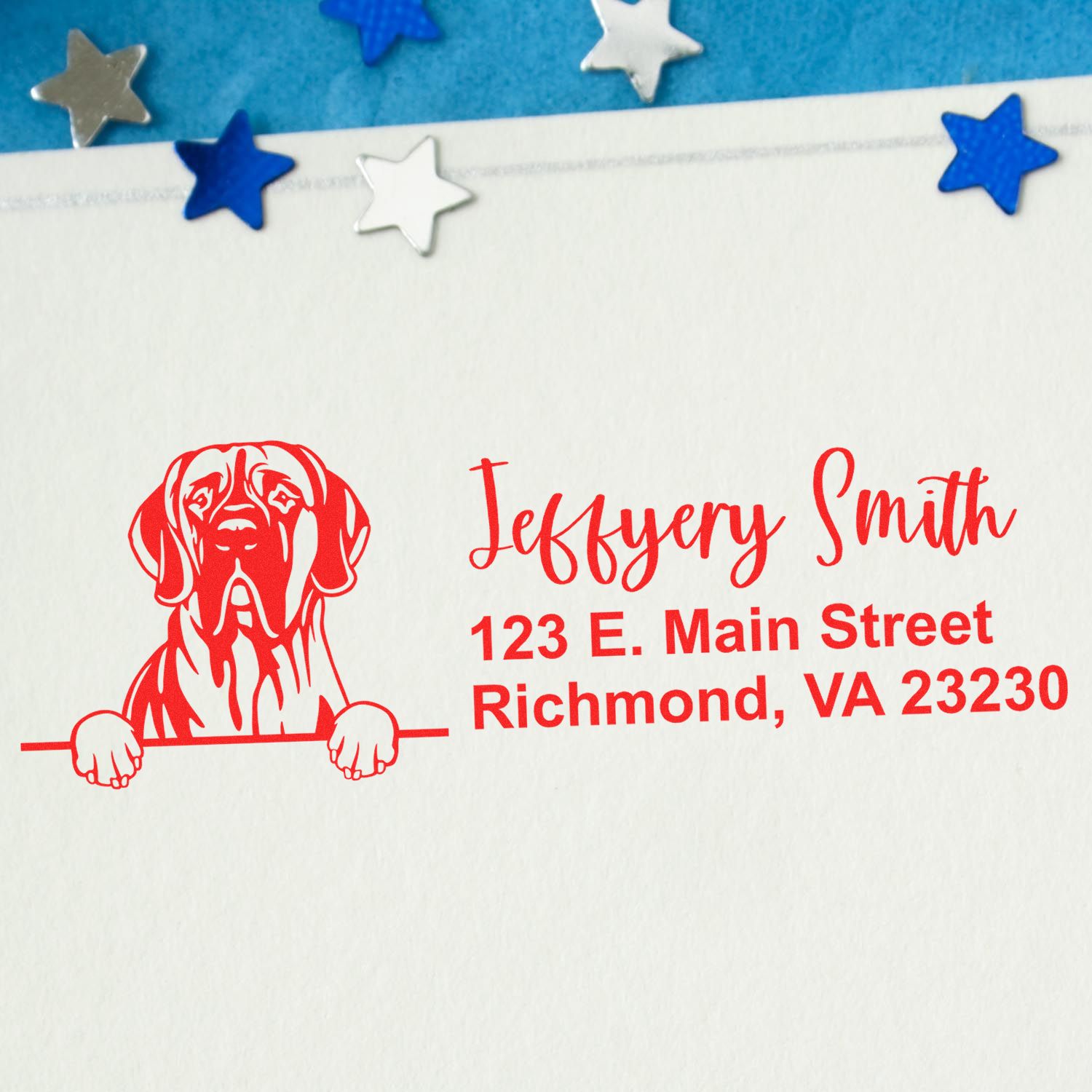 Personalized dog return address rubber stamp with name, street, and Richmond, VA address in red ink.