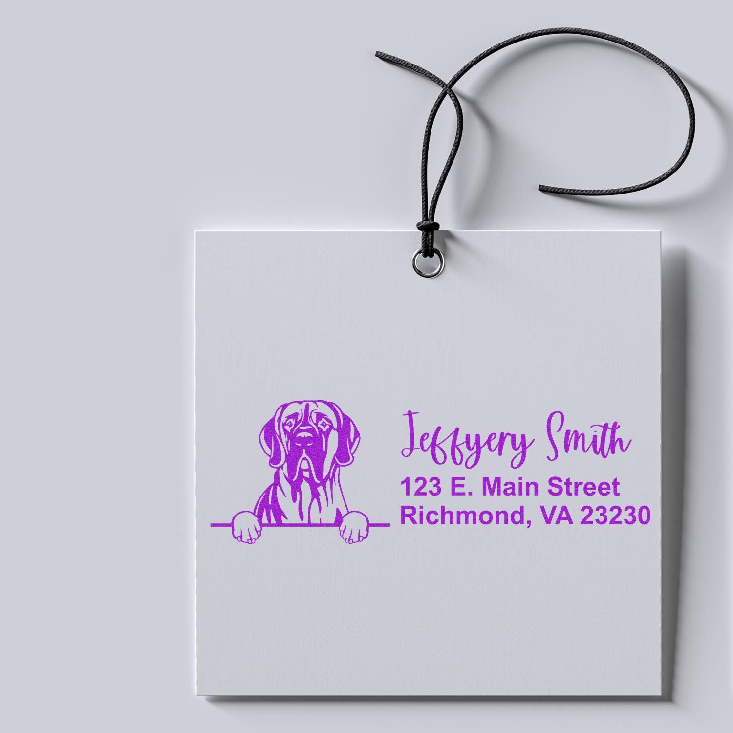 Custom rubber stamp with dog logo, name, and address for personalized pet business or return address use.